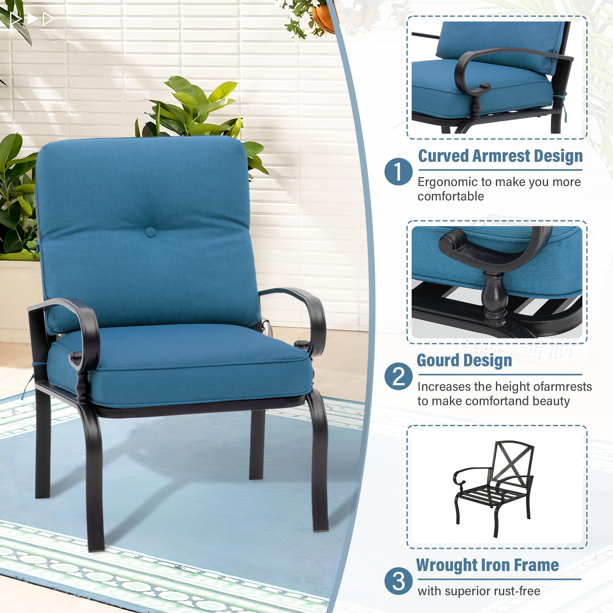 2 Pcs Patio Dining Chairs Bistro Set - Wrought Iron Outdoor Furniture with Blue Cushions, All-Weather Garden Seating for Backyard, Balcony or Poolside Relaxation