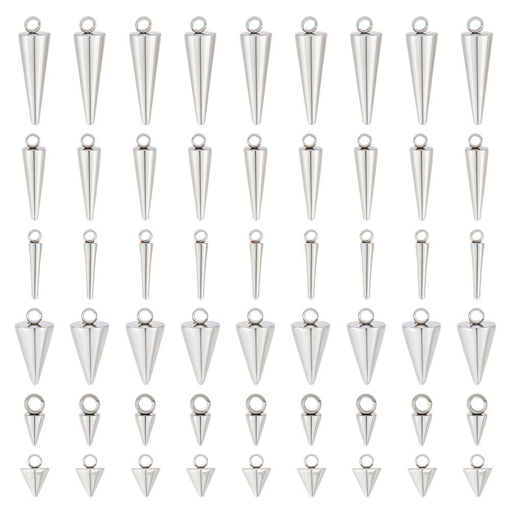 UNICRAFTALE 60pcs Stainless Steel Cone Charms - 6 Sizes Hypoallergenic Punk Style Spiked Pendants for DIY Jewelry Making (Necklace, Earrings, Bracelet) - Perfect for Gothic, Boho, and Rock Fashion Accessories