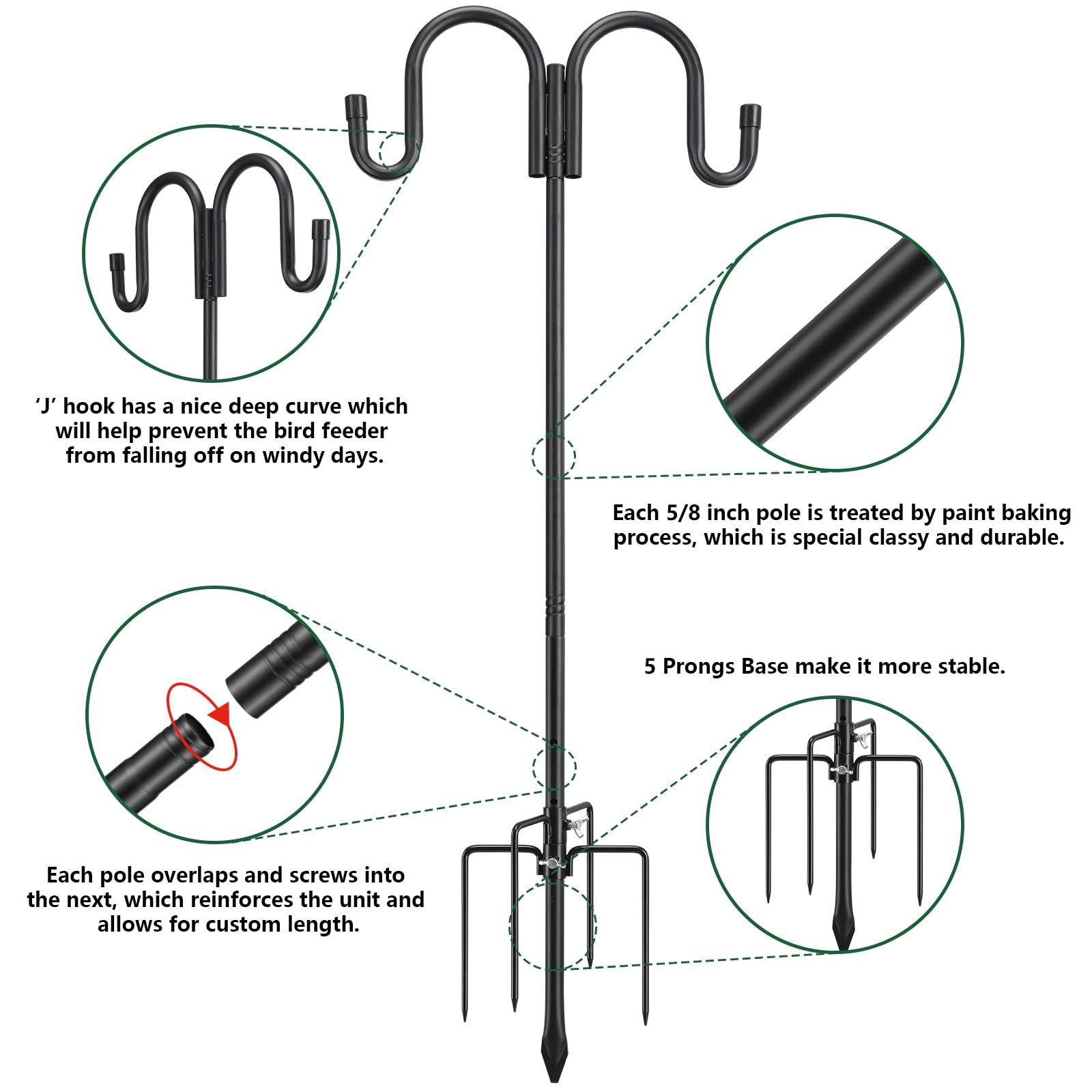 78 Inch Heavy Duty Black Double Shepherd's Hook - Adjustable Bird Feeder Pole with 5-Prong Base - Rustproof Outdoor Hanging Stand for Hummingbird Feeders, Solar Lights, Lanterns & Flower Baskets - Perfect for Garden, Patio and Backyard Decor