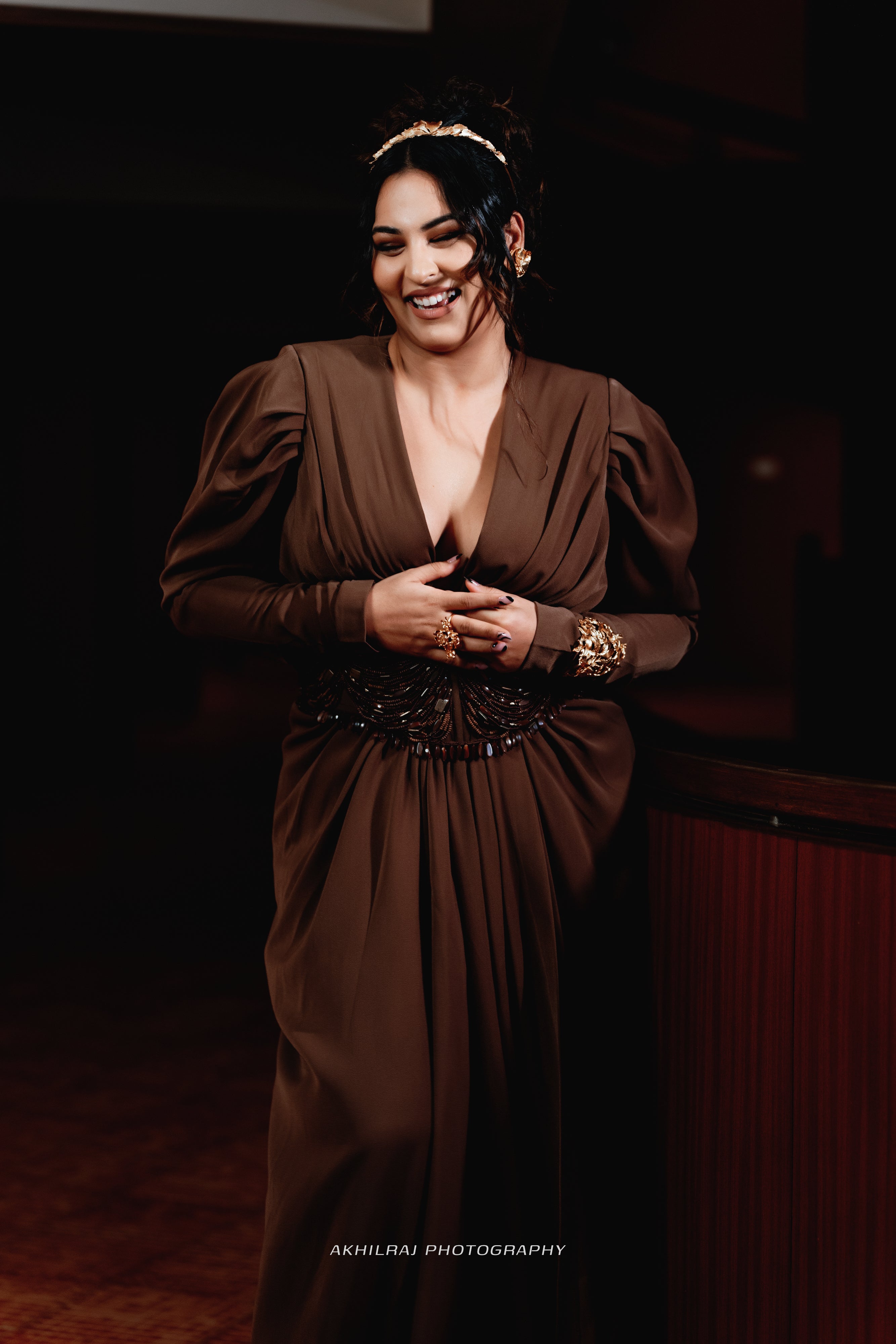 Sakshi Sindhwani Dark Tan Corset Dress with High Slit - Elegant Evening Gown for Parties, Weddings & Special Occasions