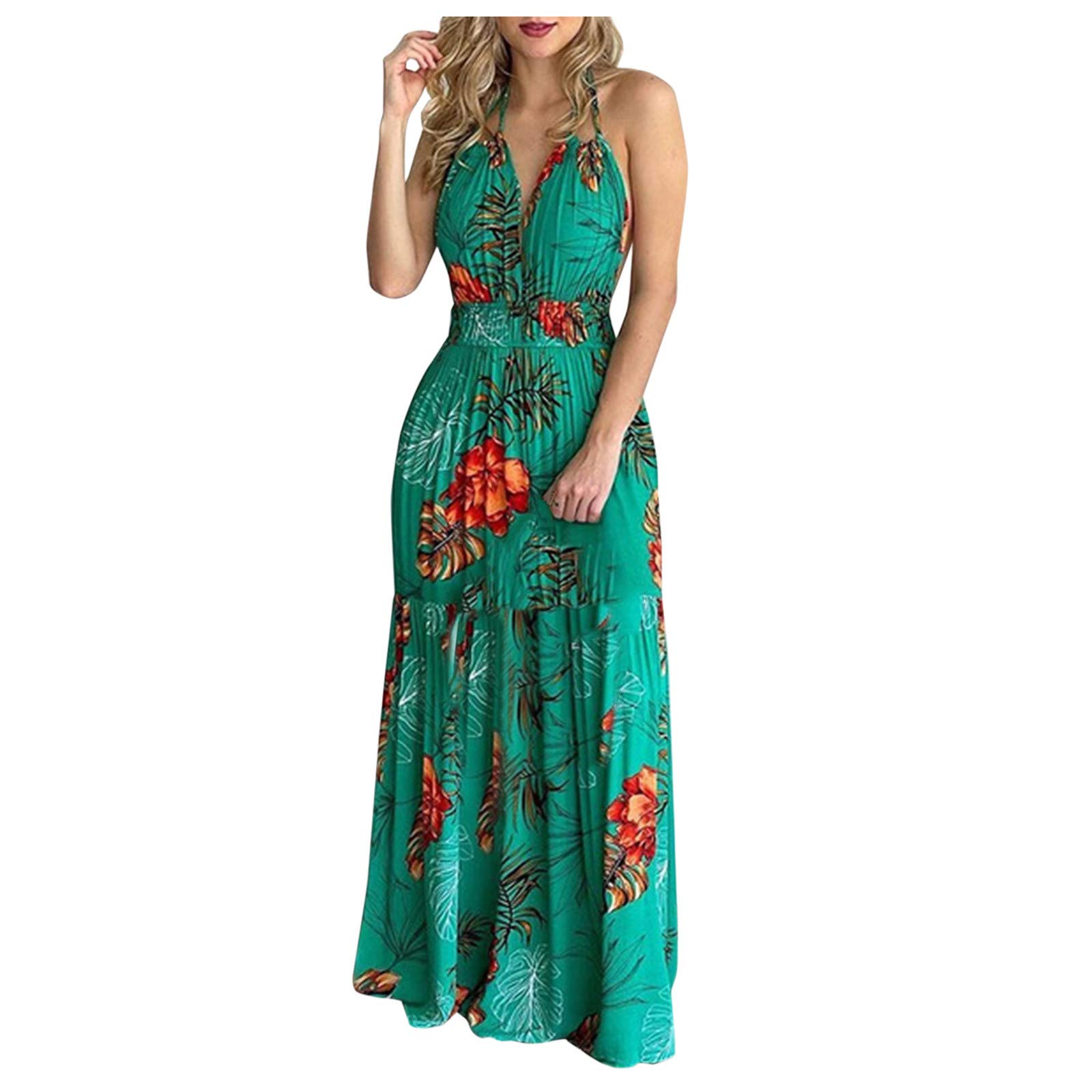 Plus Size Tropical Print Halter Backless Maxi Dress - Sexy Sleeveless Beach Dress for Women 2023 | Most Wished for Choice4539 | Perfect for Summer Vacations, Pool Parties & Tropical Getaways