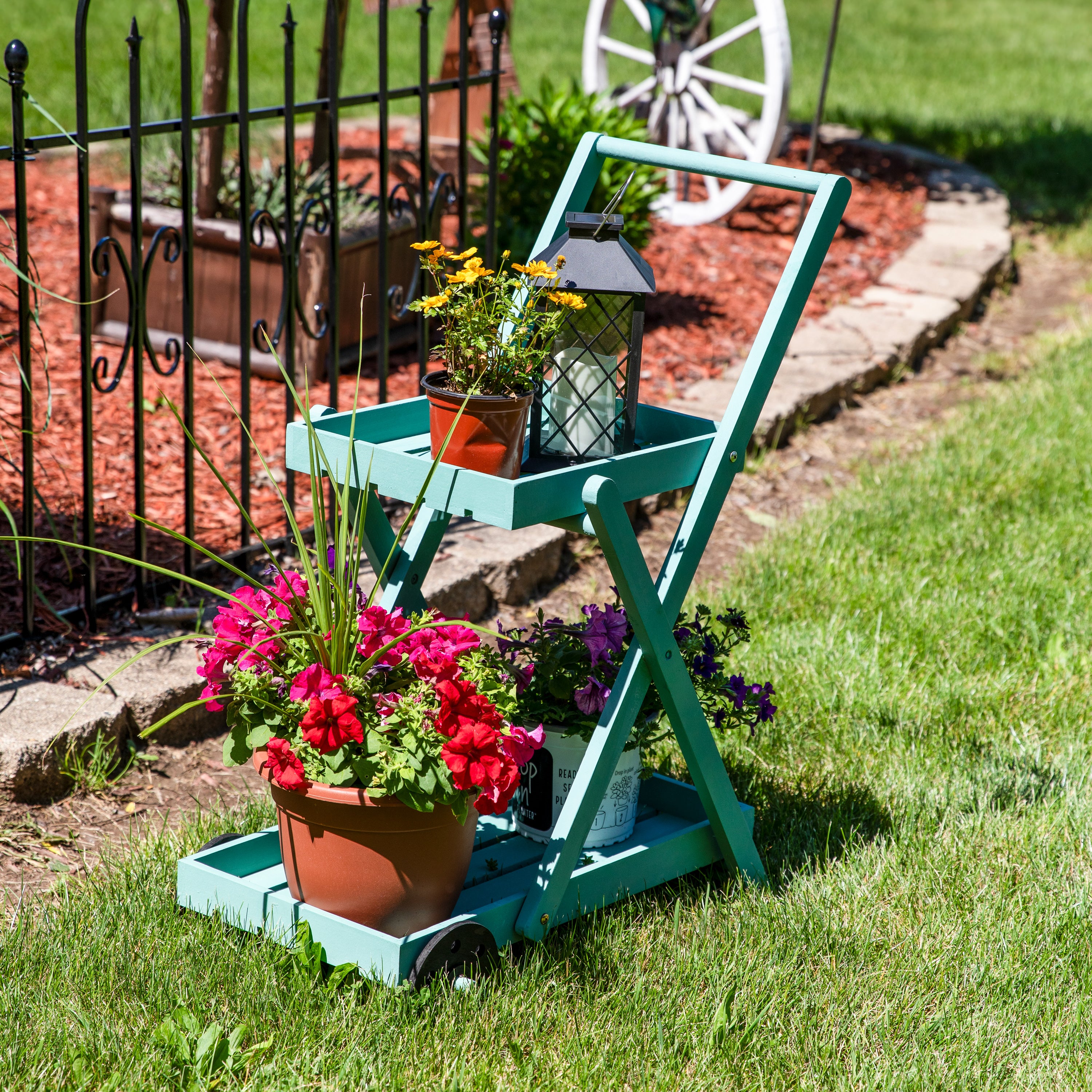 2-Tiered Flower Garden Cart by Sunnydaze - 34 Inch Height, Robin Egg Blue - Perfect for Outdoor Gardening, Patio Decor & Plant Transport