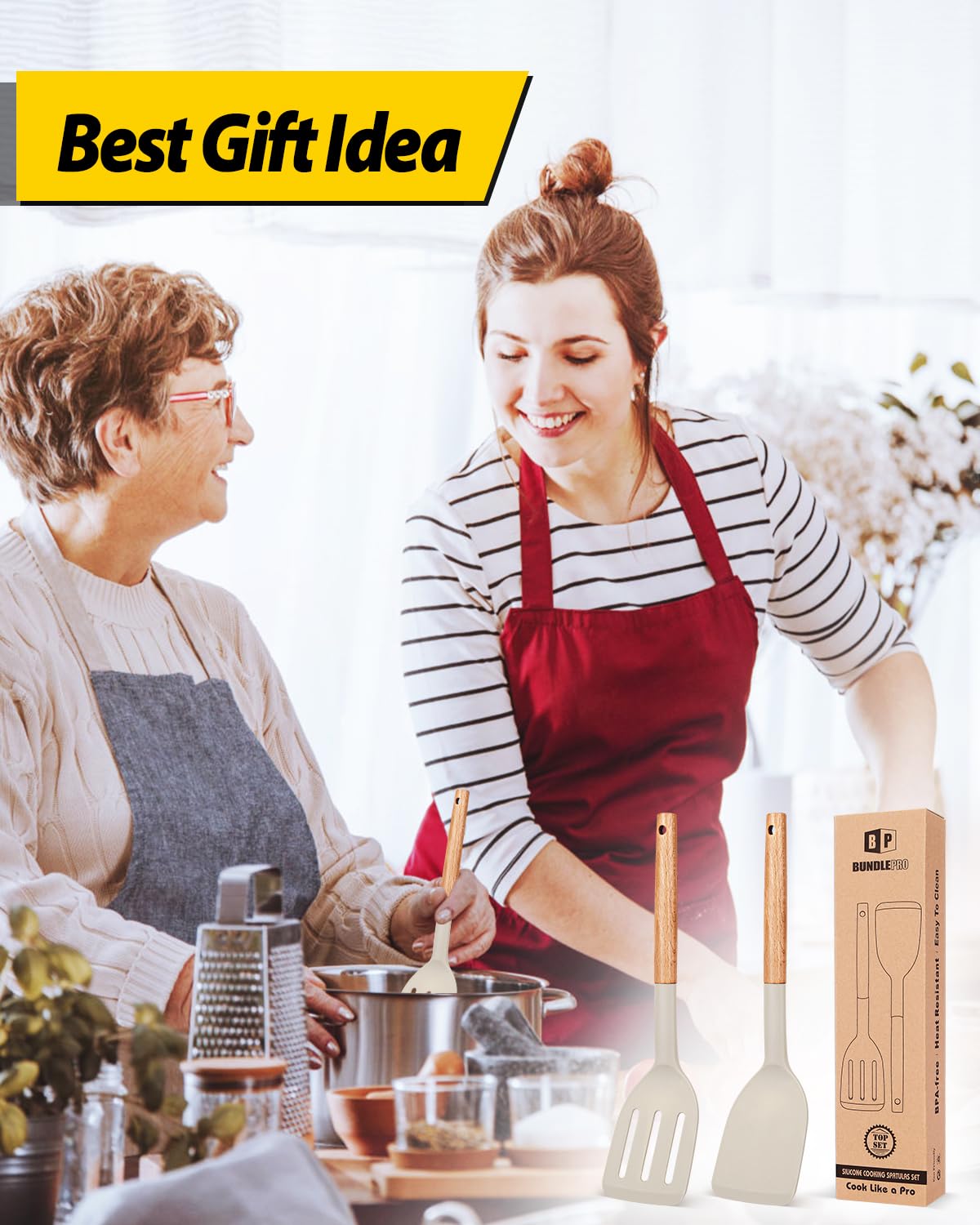 2-Pack Heat Resistant Silicone Cooking Spatulas with Wooden Handle - Non-Stick Solid & Slotted Turners for Frying, Baking, Flipping Pancakes & Eggs - Perfect Kitchen Utensils Set for Home Cooks & Professional Chefs