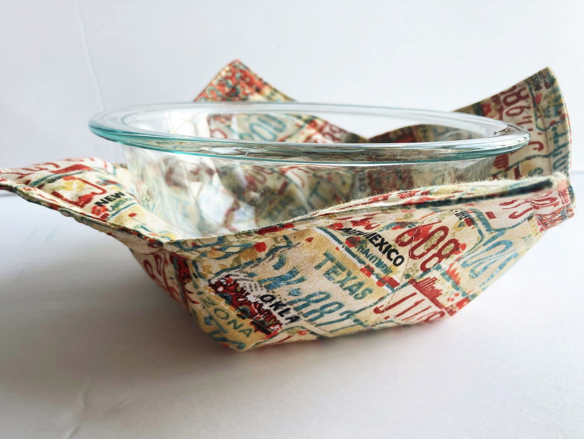 Set of 2 Microwave Safe Bowl Cozies - 8.5 Inch Cotton Hot Pads for Bowls Up to 8 Inches - Beige with Red Route 44 Print - Perfect for Hot Soup, Oven Dishes & Microwave Meals