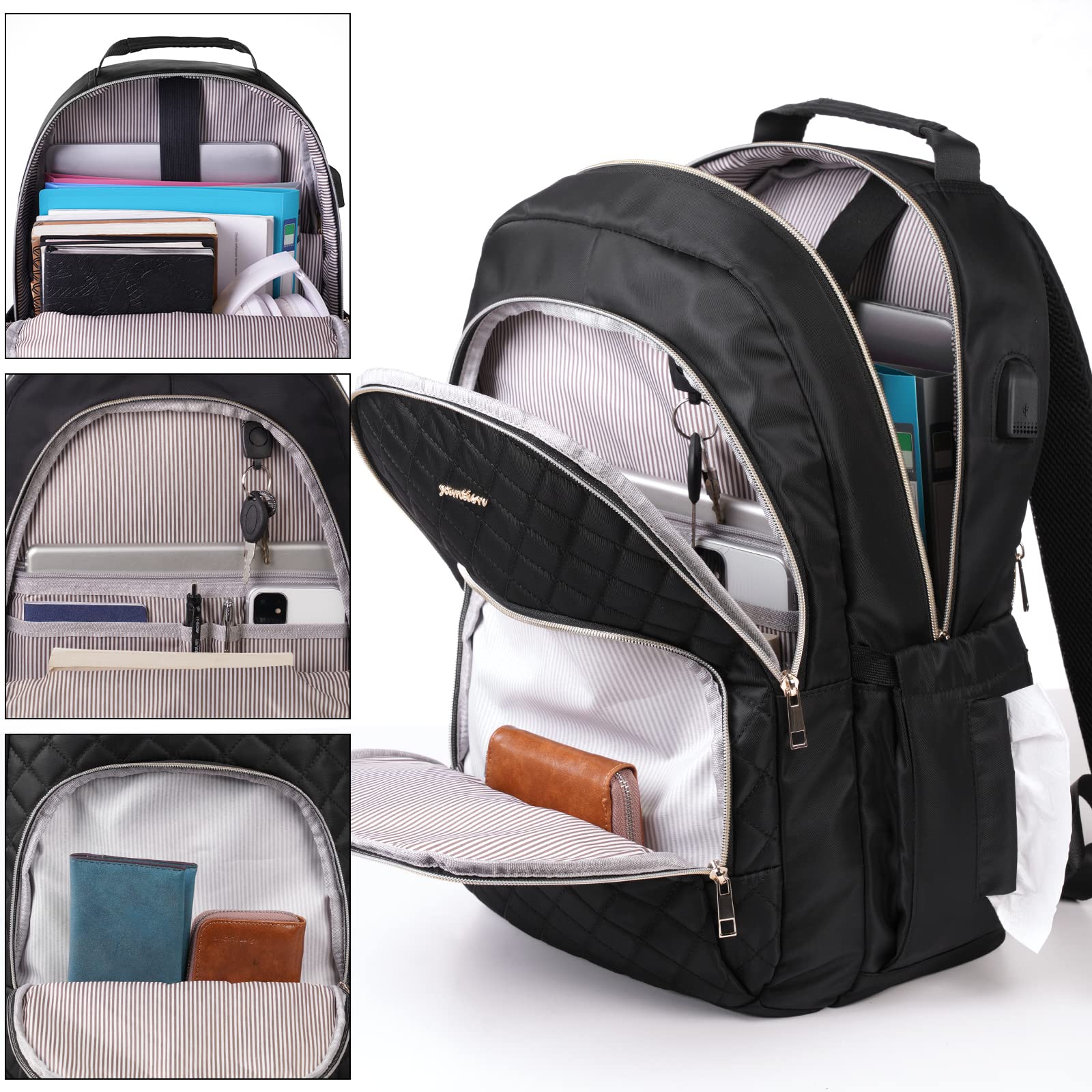 YAMTION Women's Black Backpack with USB Charger - Stylish School Backpack for College, Travel & Work - Perfect for University Students, Office Professionals & Daily Commuters