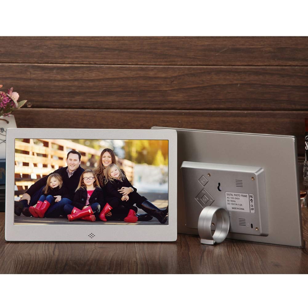 10-Inch Digital Photo Frame with MP3/MP4 Player - Multi-Function Electronic Picture Frame for Music, Video, Clock & Calendar - Silver Metal Display for Home, Office & Gift Giving