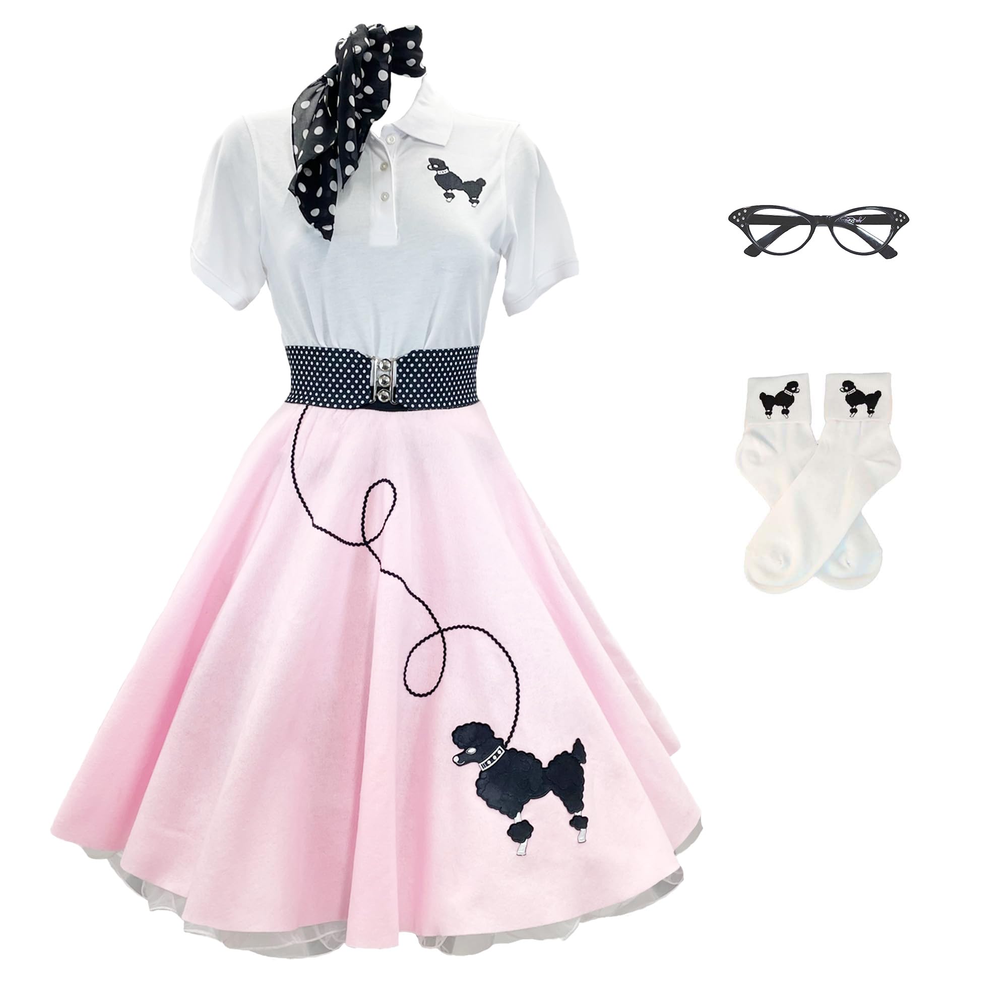 1950s Vintage Poodle Skirt Costume Set for Women - 7 Piece Hip Hop 50s Outfit with Petticoat, Polo Shirt & Accessories - Perfect for Halloween, Themed Parties & Retro Dance Performances