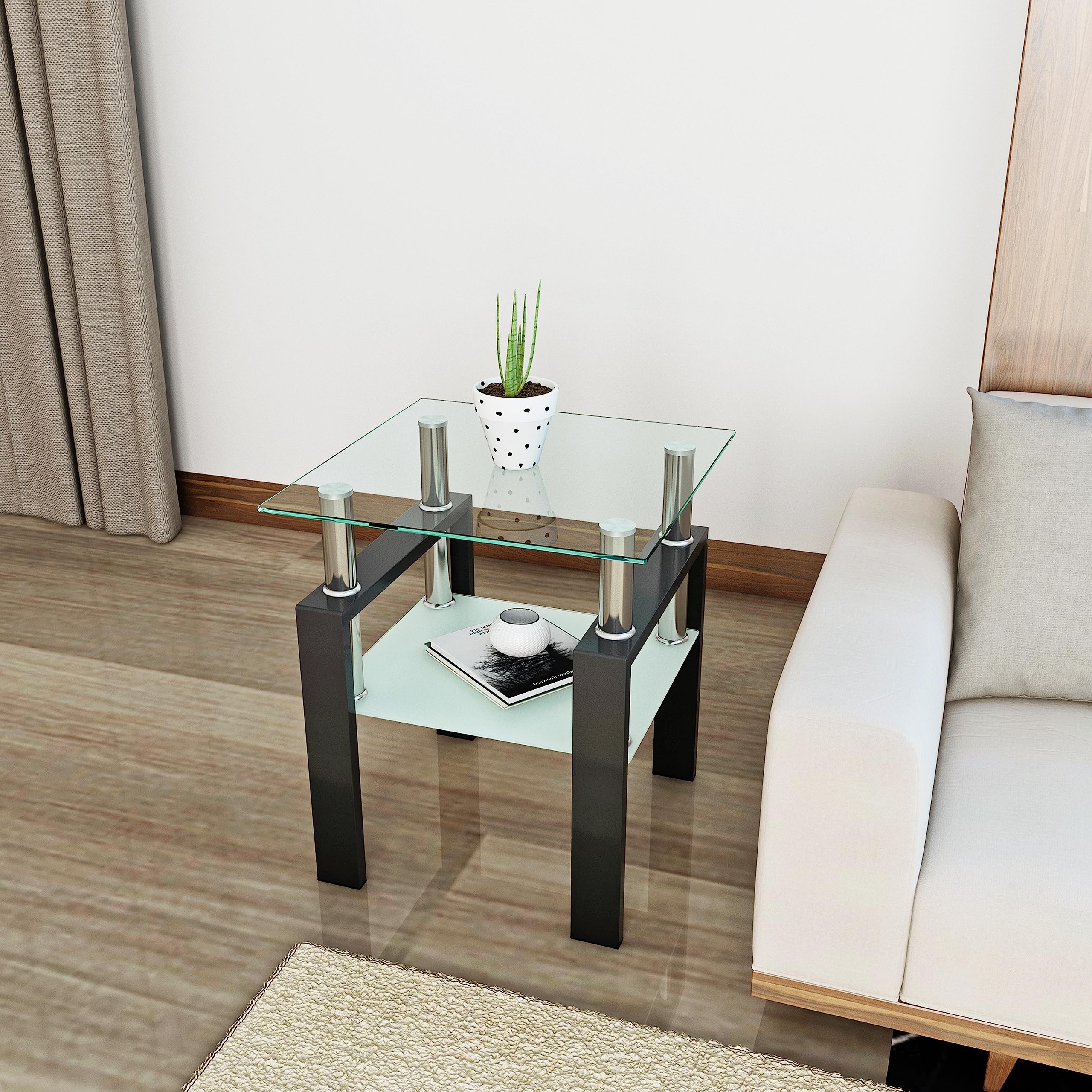Modern Square Glass End Table with Sturdy Metal Legs - Small Coffee Table, Nightstand, or Bedside Table for Living Room & Bedroom - Perfect for Tea Time, Reading Nook, or Bedside Storage