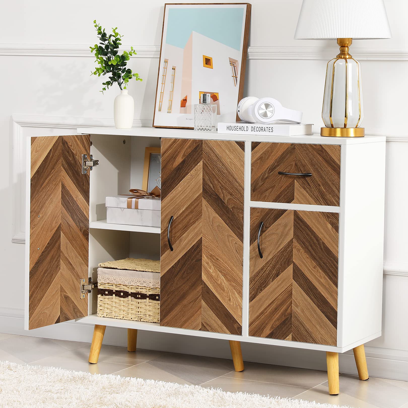 Mid-Century Modern Sideboard Buffet Cabinet with Storage - Slim Console Table with Drawers for Kitchen, Living Room, Hallway & Entryway - White Brown Rustic Finish - Perfect for Dining Room Storage & Home Decor