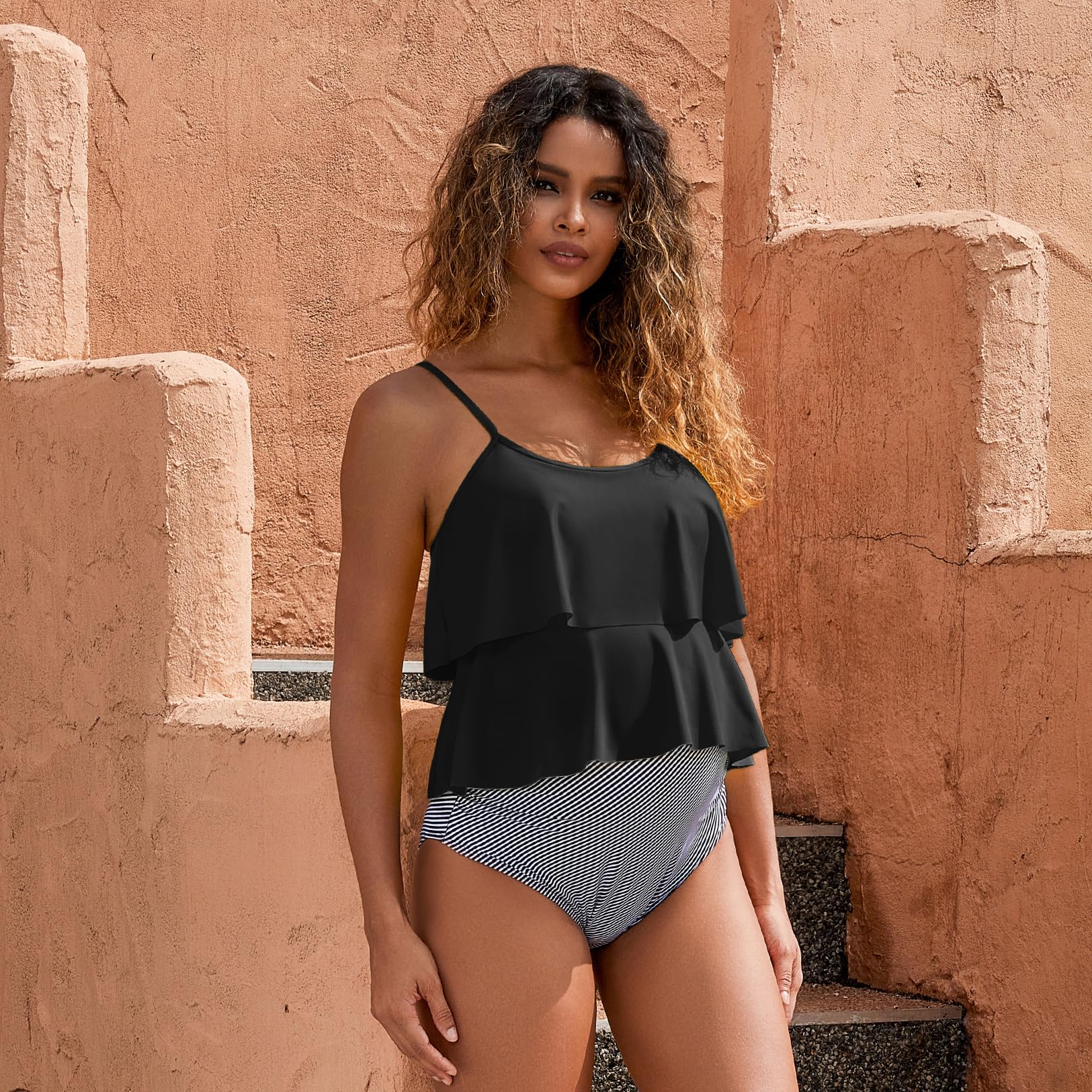 GINKANA Women's Maternity Tankini Swimsuits 2 Piece - Maternity Swimwear Bathing Suit with Double Ruffle Hem for Pregnancy - Perfect for Beach, Pool & Vacation