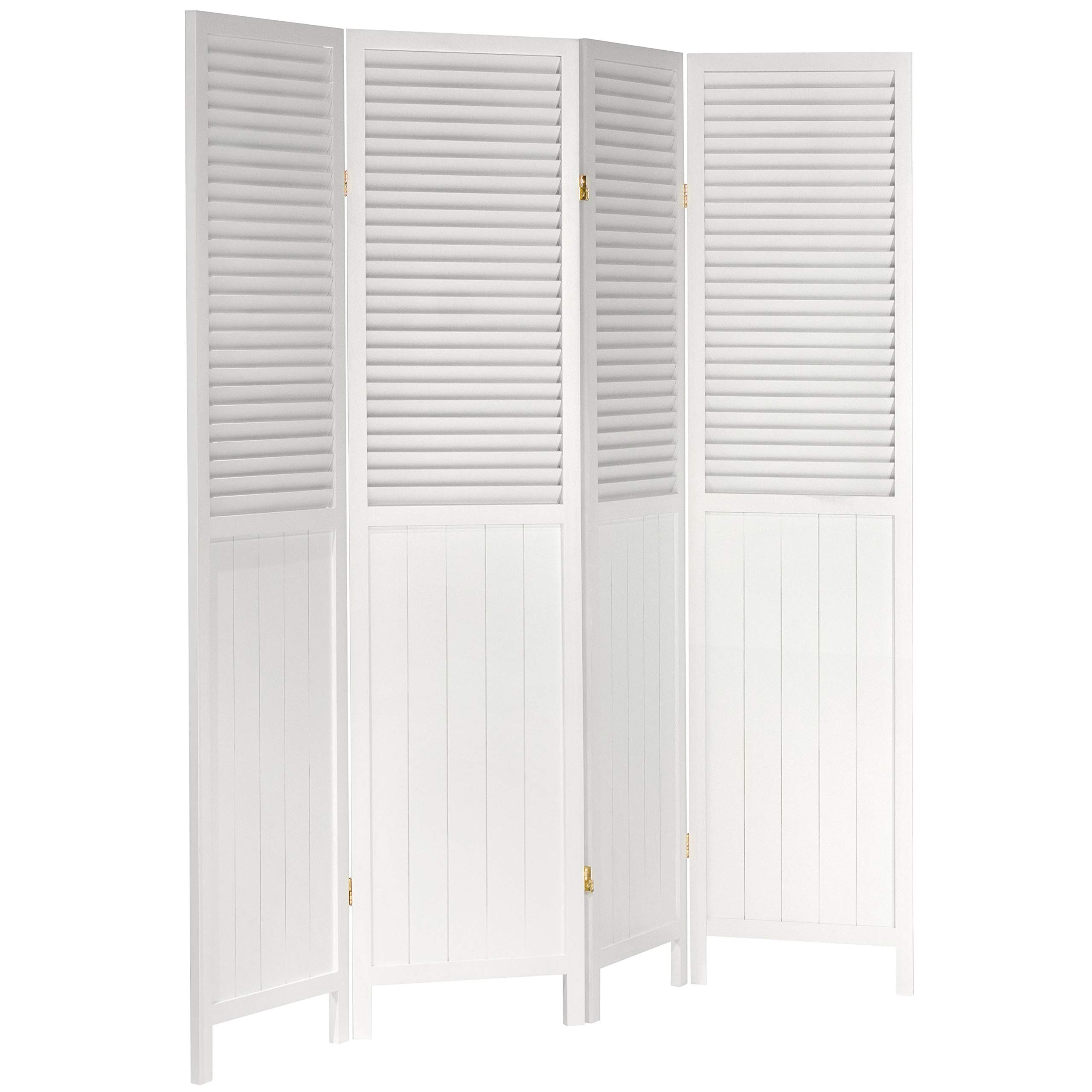 6 ft. Tall Red Lantern Louvered Beadboard Room Divider - White 4 Panel Folding Privacy Screen for Living Room, Bedroom, or Office Partition