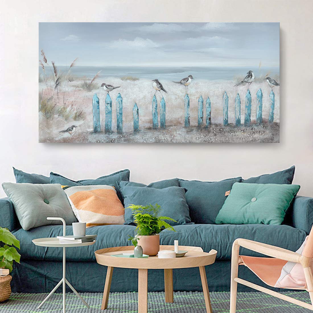 Extra Large 60x30 Inch Hand-Painted Beach Oil Painting - Ocean Seascape with Seagulls Wall Art Canvas, Framed Coastal Decor for Living Room, Bedroom & Office | Perfect for Coastal, Nautical & Beach House Themes