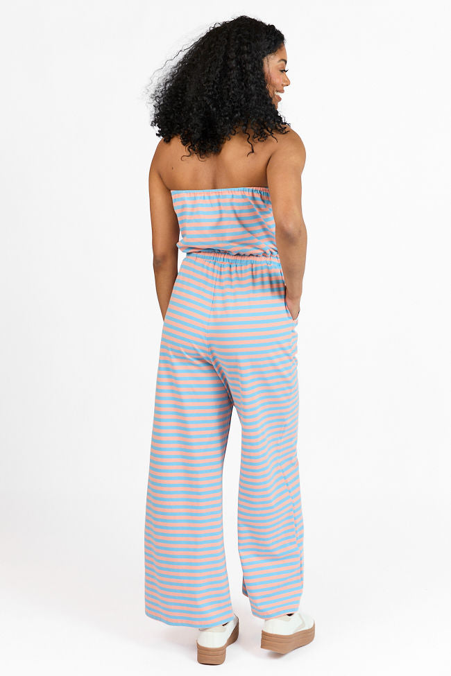 Elegant Coral & Blue Striped Strapless Jumpsuit for Women - Summer Beach Party, Vacation Outfit, Nightclub Wear - FINAL SALE