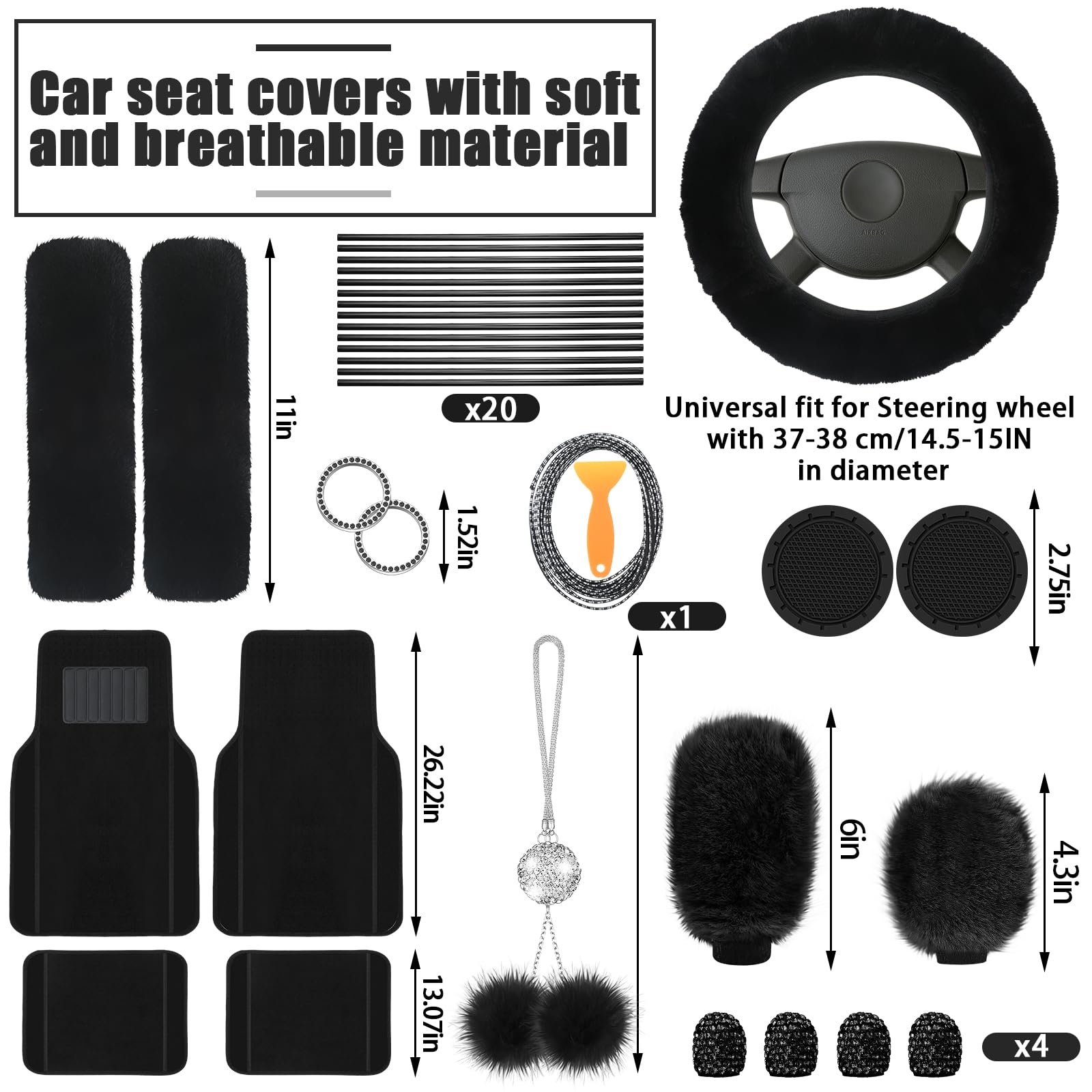 Woanger 47-Piece Luxury Car Seat Cover Set - Premium Fluffy Steering Wheel Cover, Seat Belt Covers & Floor Mats - Universal Fit for Most Vehicles (Black) - Perfect for Winter Comfort & Car Interior Decoration