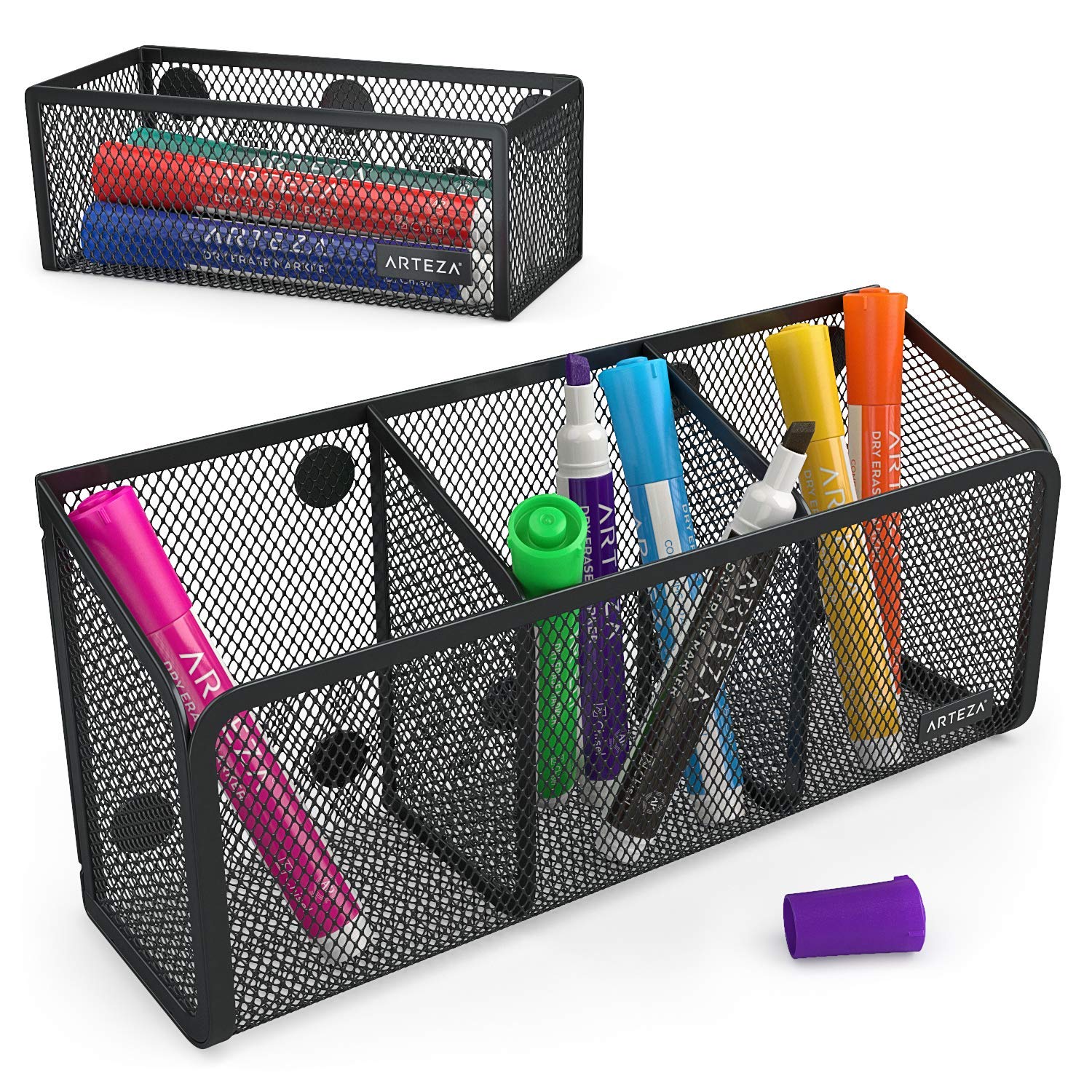 Arteza Mesh Magnetic Basket Organizers Set of 2 - Includes 12 Dry Erase Markers for Whiteboard Accessories | Office & School Storage Solution for Pens, Markers & Supplies | Perfect for Classroom, Home Office & Workstation Organization