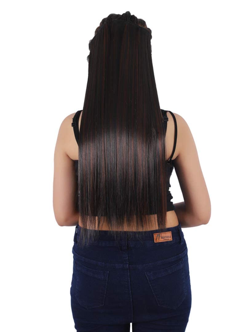 BeatStock 24 Inch Straight Synthetic Hair Extensions - 5 Clips in 1 Piece, Black Brown Highlighted, New Updated Texture for Women | Perfect for Daily Styling, Parties & Special Occasions