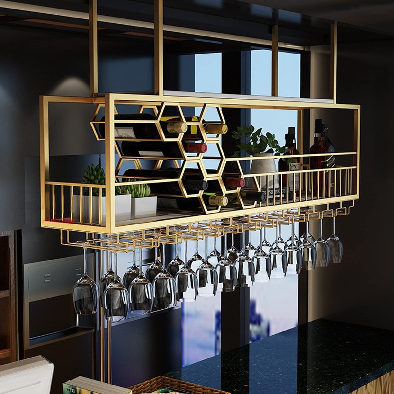 Premium Gold Ceiling Mounted Wine Bottle Rack - Bar Liquor Shelf with Glass Holder - Hanging Display Rack for Home Bar, Dining Room & Kitchen - Perfect for Wine Storage & Entertaining Guests