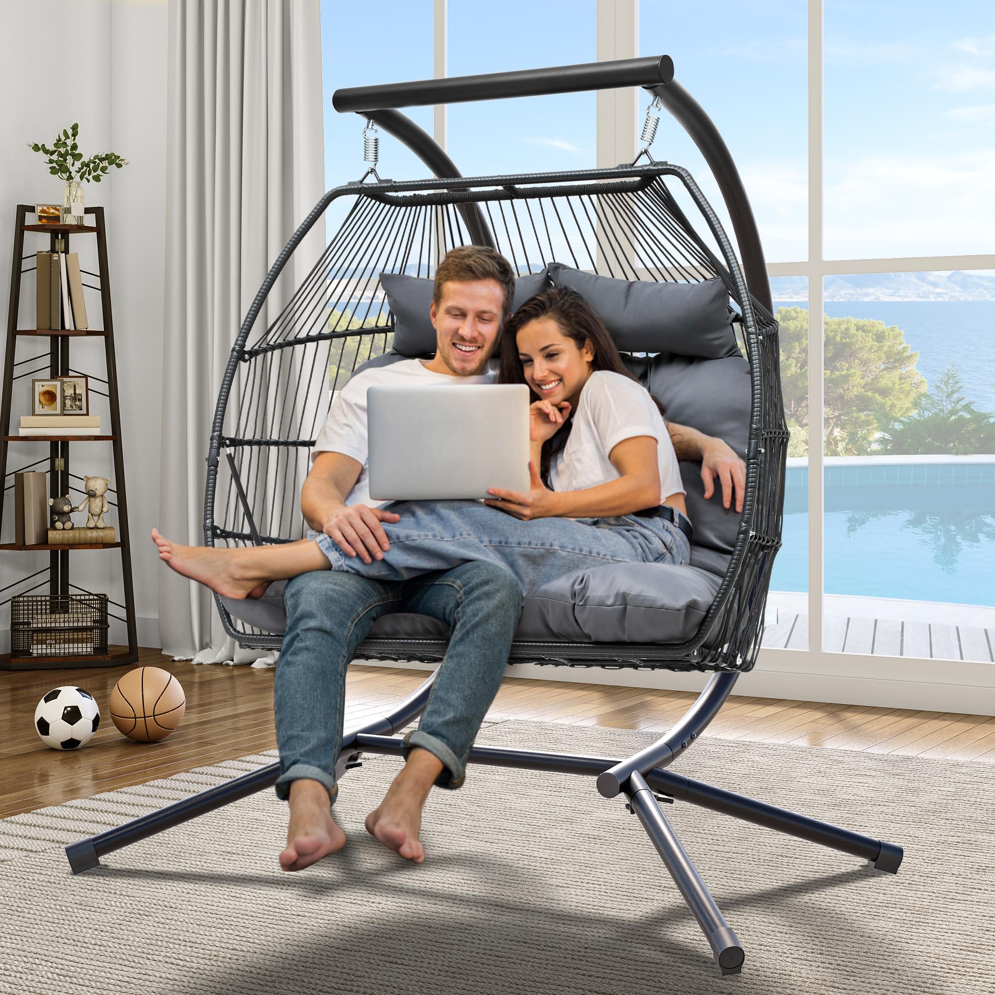 YITAHOME Hanging Egg Swing Chair with Stand - 550lbs Capacity Wicker Egg Chair for Indoor & Outdoor Use - Includes Cushions & Stand - Perfect for Patio, Garden, Balcony, Bedroom - Dark Gray | Relaxation & Home Decor