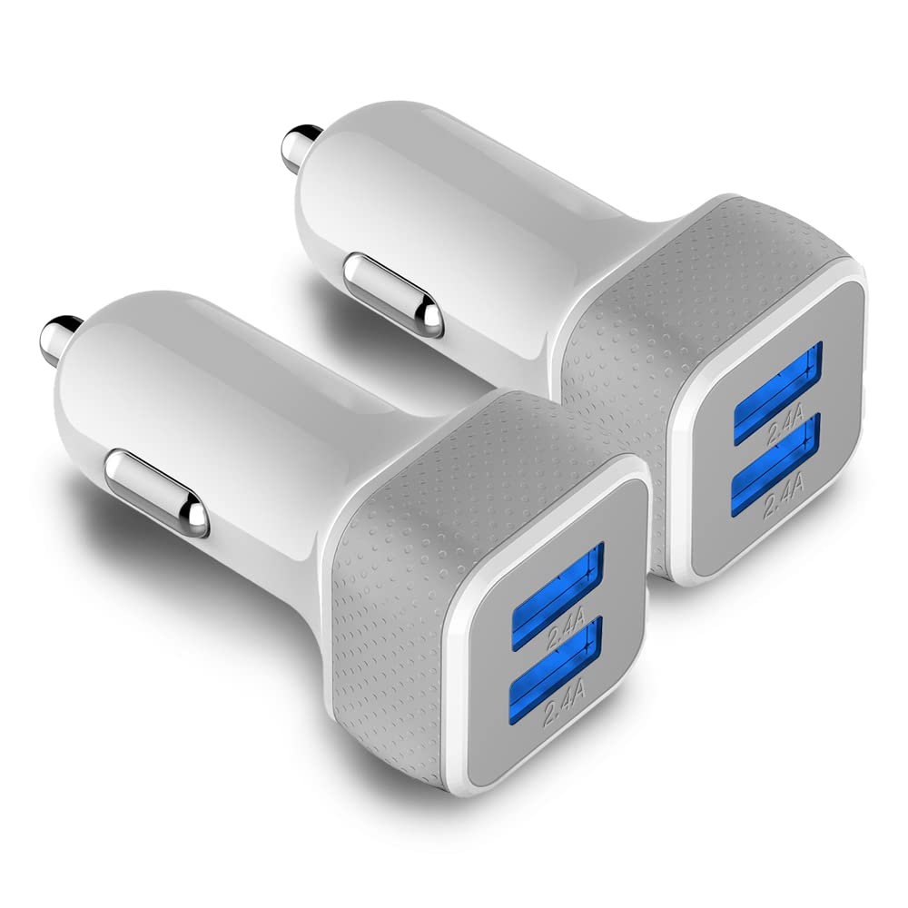 Zonlaky 24W Dual USB Car Charger 2 Pack - Fast Charging Car Adapter for iPhone 13/12/11/XR/XS, iPad Pro/Air 2/Mini, Samsung Galaxy, LG, Google Pixel (White/Grey) - Perfect for Road Trips & Daily Commute