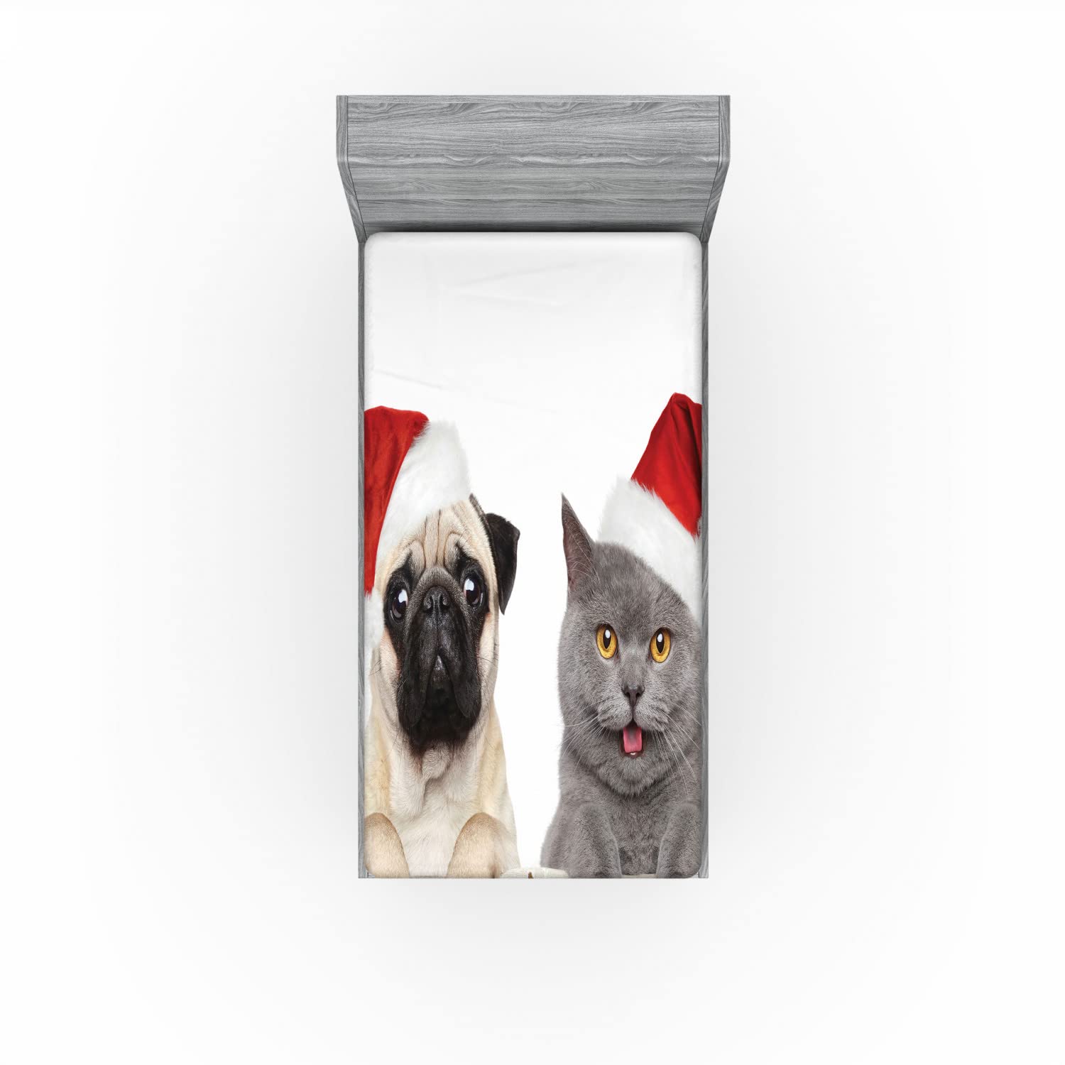 Ambesonne Pug Fitted Sheet, Christmas Dog & Cat Print, Twin XL, Grey Cream Red - Cozy Holiday Bedding