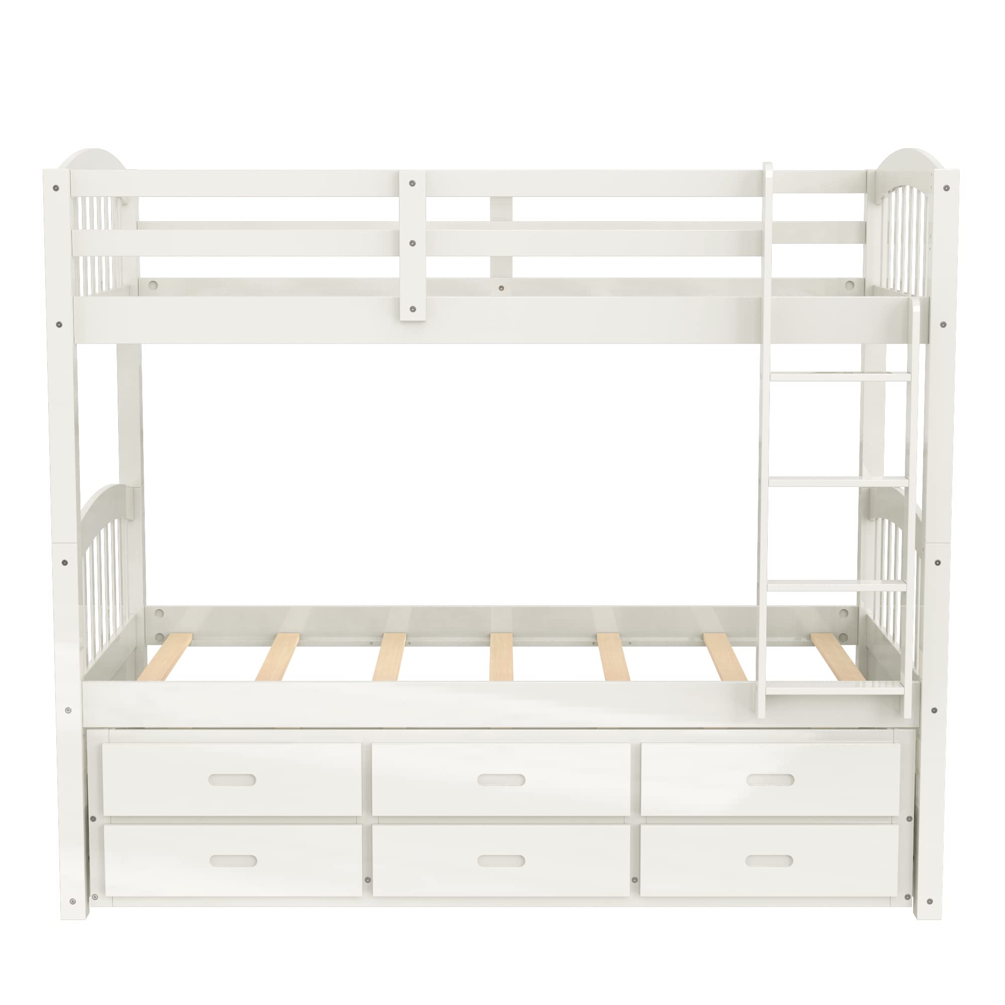 Harper & Bright Designs Solid Wood Twin Over Twin Bunk Bed with Trundle - 3 Storage Drawers, Safety Rail, Convertible to 2 Beds - No Box Spring Needed (White) | Perfect for Kids' Bedroom, Guest Room & Space-Saving Solutions