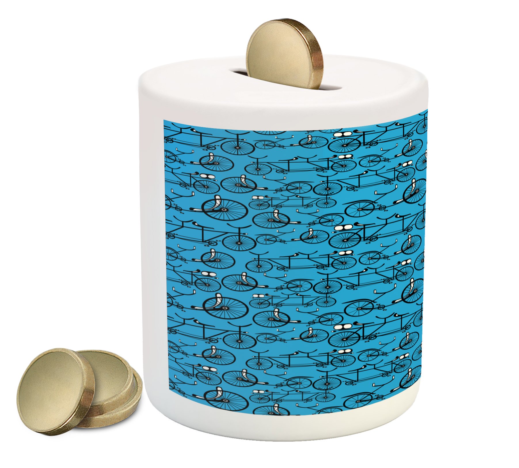 Ambesonne Ceramic Piggy Bank - Antique Cartoon Bicycle Design with Wheels, Blue Retro Pattern Money Box for Cash Saving (Blue, Black & White) - Perfect Gift for Cyclists & Coin Collectors, Home Office Decor