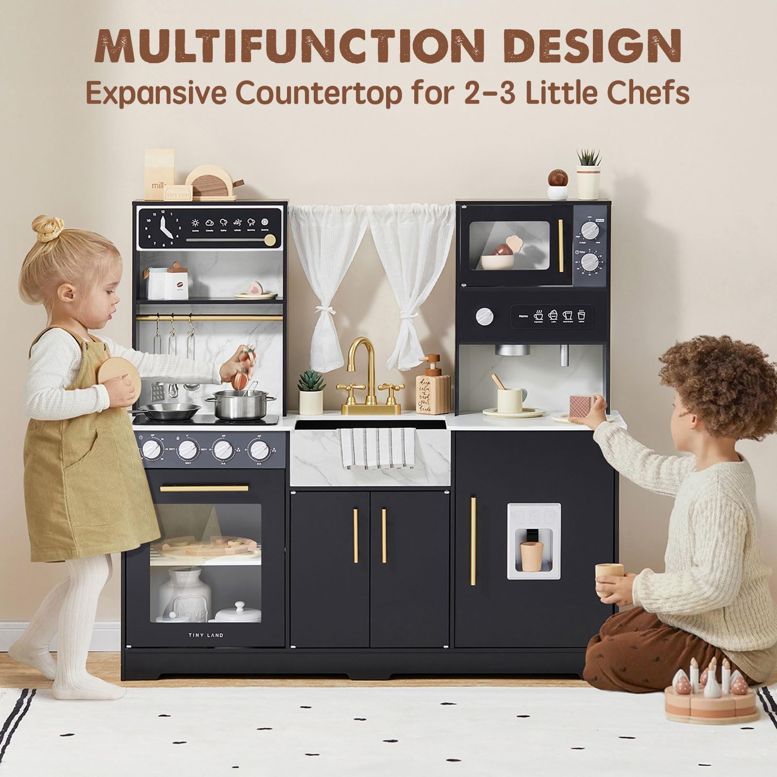 Tiny Land Wooden Play Kitchen Set for Kids - Modern Toddler Kitchen Toy for Girls & Boys Ages 3+, Pretend Cooking Playset with Trendy Home Design - Perfect Gift for Birthday & Indoor Pretend Play