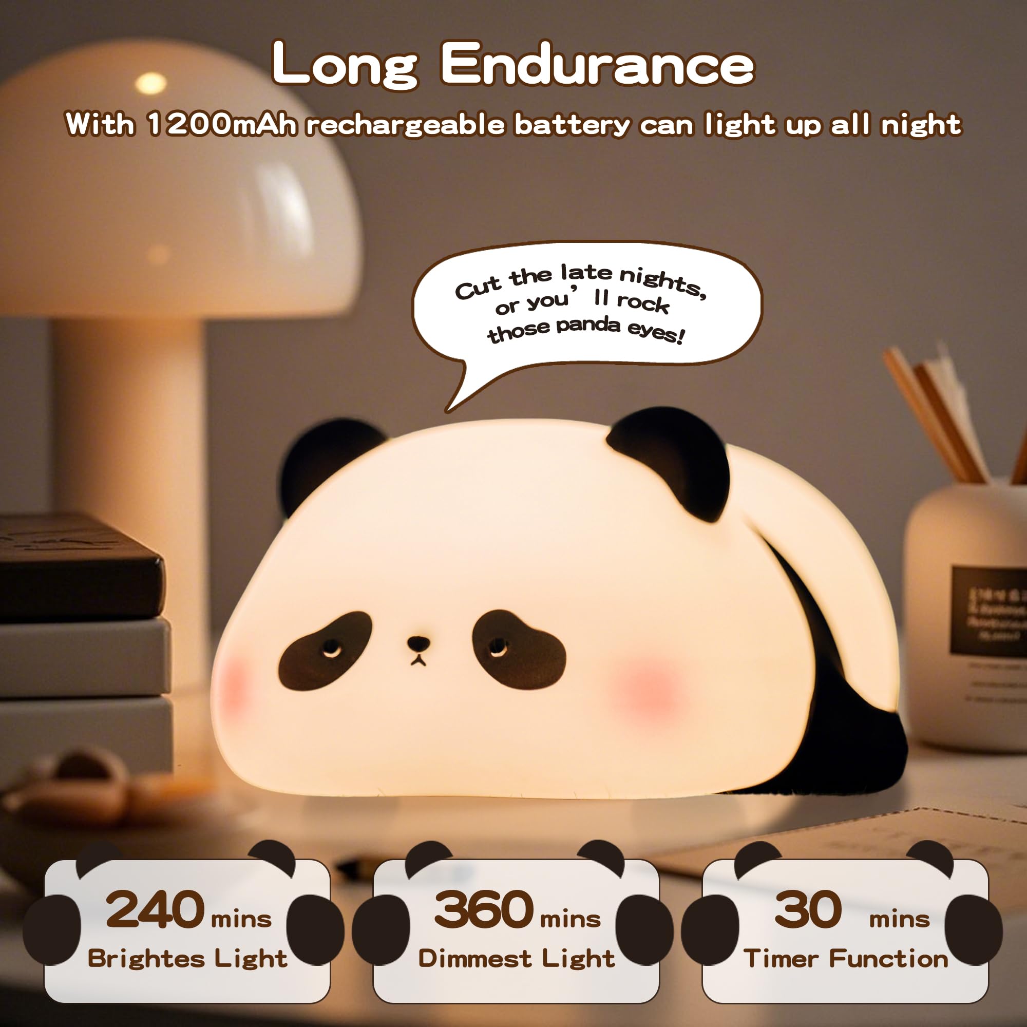 LED Panda Night Light for Kids - Dimmable Silicone Nursery Lamp, Cute Animal Nightlight for Baby Boys & Girls Room, Office Desk Decor | Safe Sleep Aid & Gift Idea for Birthdays