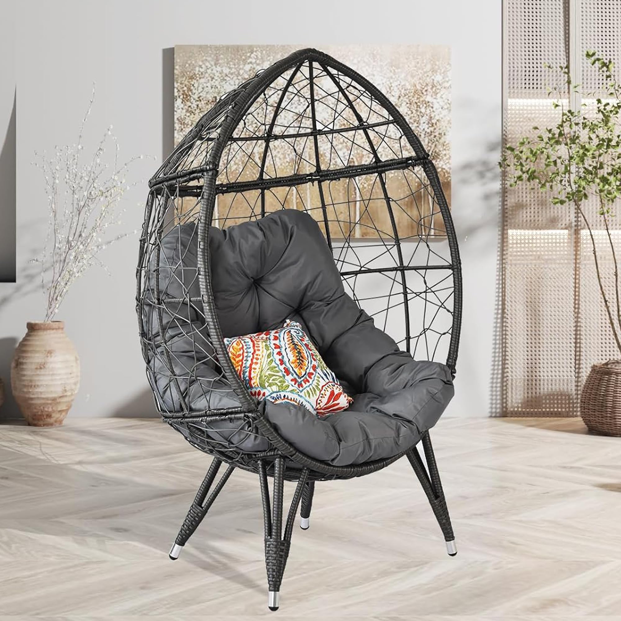 Outdoor Egg Chair - PE Rattan Hanging Basket Chair with Stand & Gray Cushions, 440lb Capacity Patio Lounge Furniture for Backyard, Garden, Poolside Relaxation