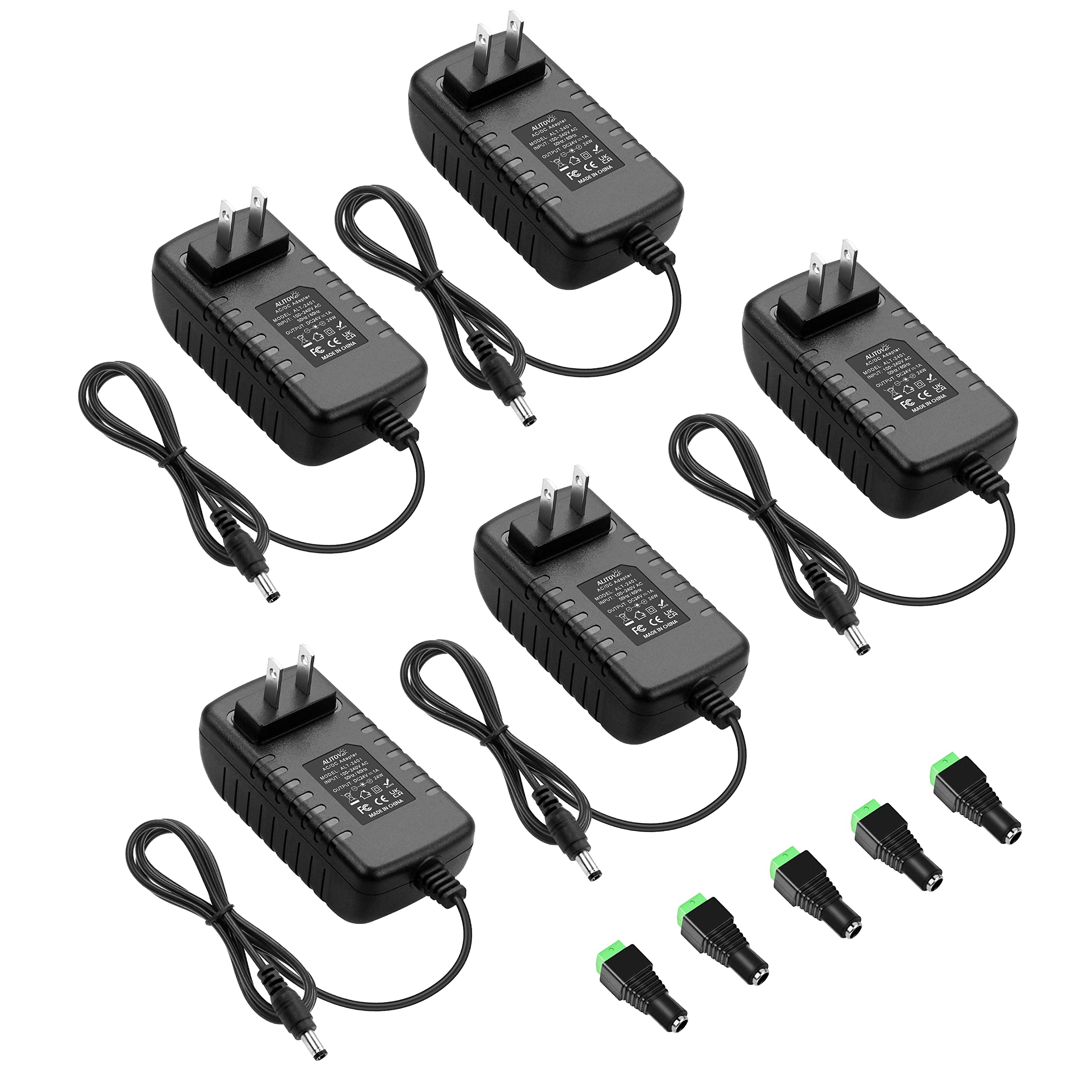 ALITOVE 24V 1A 24W AC/DC Power Adapter - 5.5mm x 2.5mm/2.1mm Tip - Compatible with LED Lights, CCTV Cameras, DC Motors, Water Pumps - 24 Volt Power Supply for Home & Industrial Use (5 Pack)