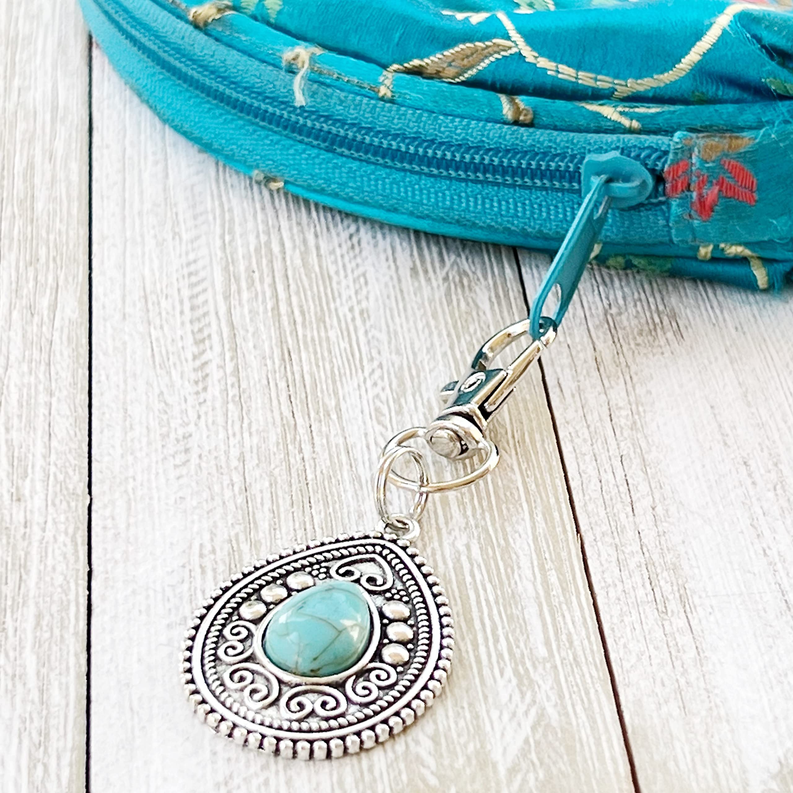 Silver Boho Western Medallion Turquoise Zipper Pull - Handmade Custom Zipper Charms for Backpacks, Purses & Camera Bags | Unique Handbag Jewelry & Cool Keychain Accessories | Perfect for Boho Style Lovers & Western Fashion Enthusiasts