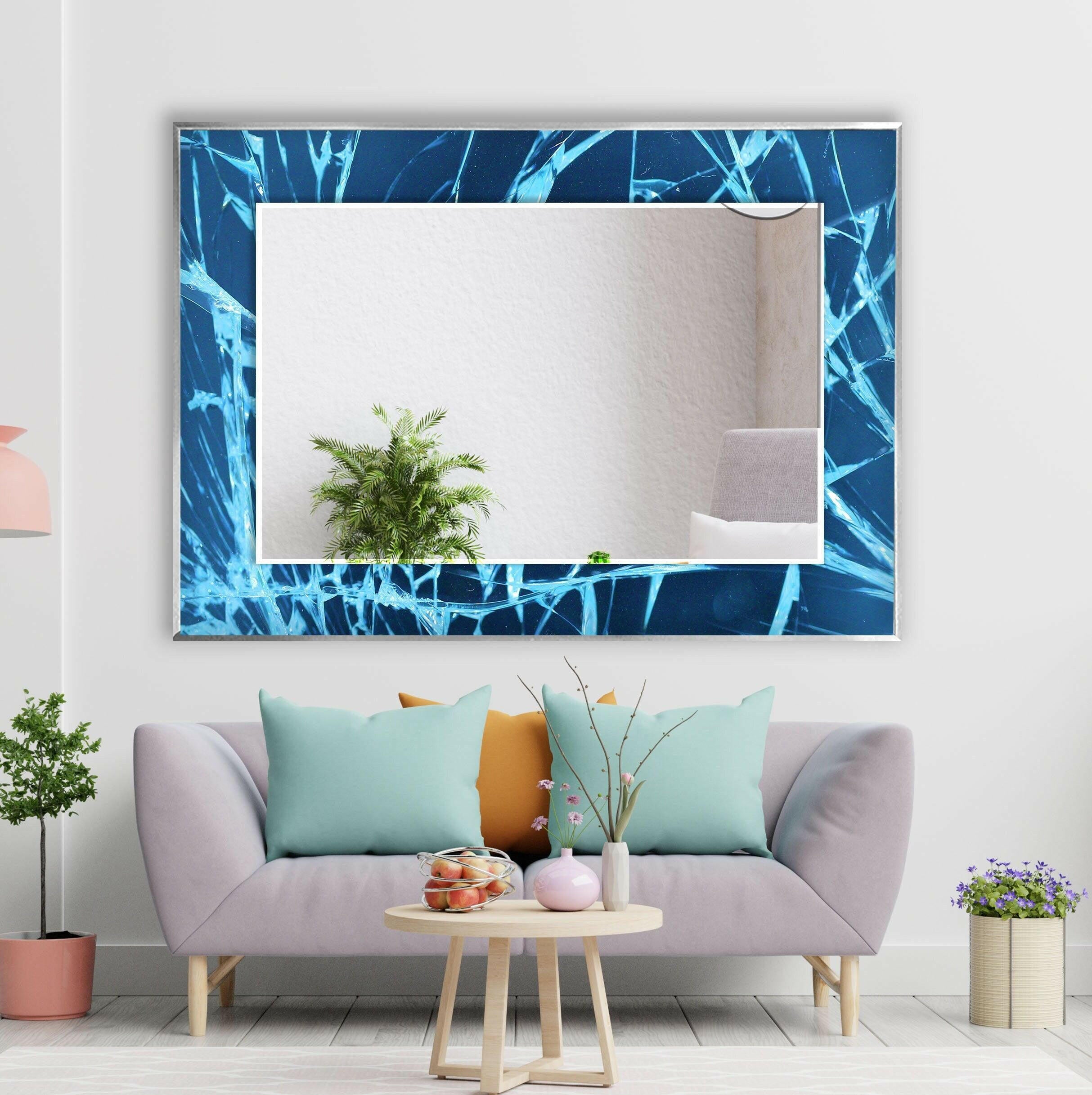 Blue Fragmented Abstract Wall Mirror - Modern Decorative Mirror for Living Room, Bedroom & Entryway - Shattered Glass Design Adds Artistic Touch to Home Decor