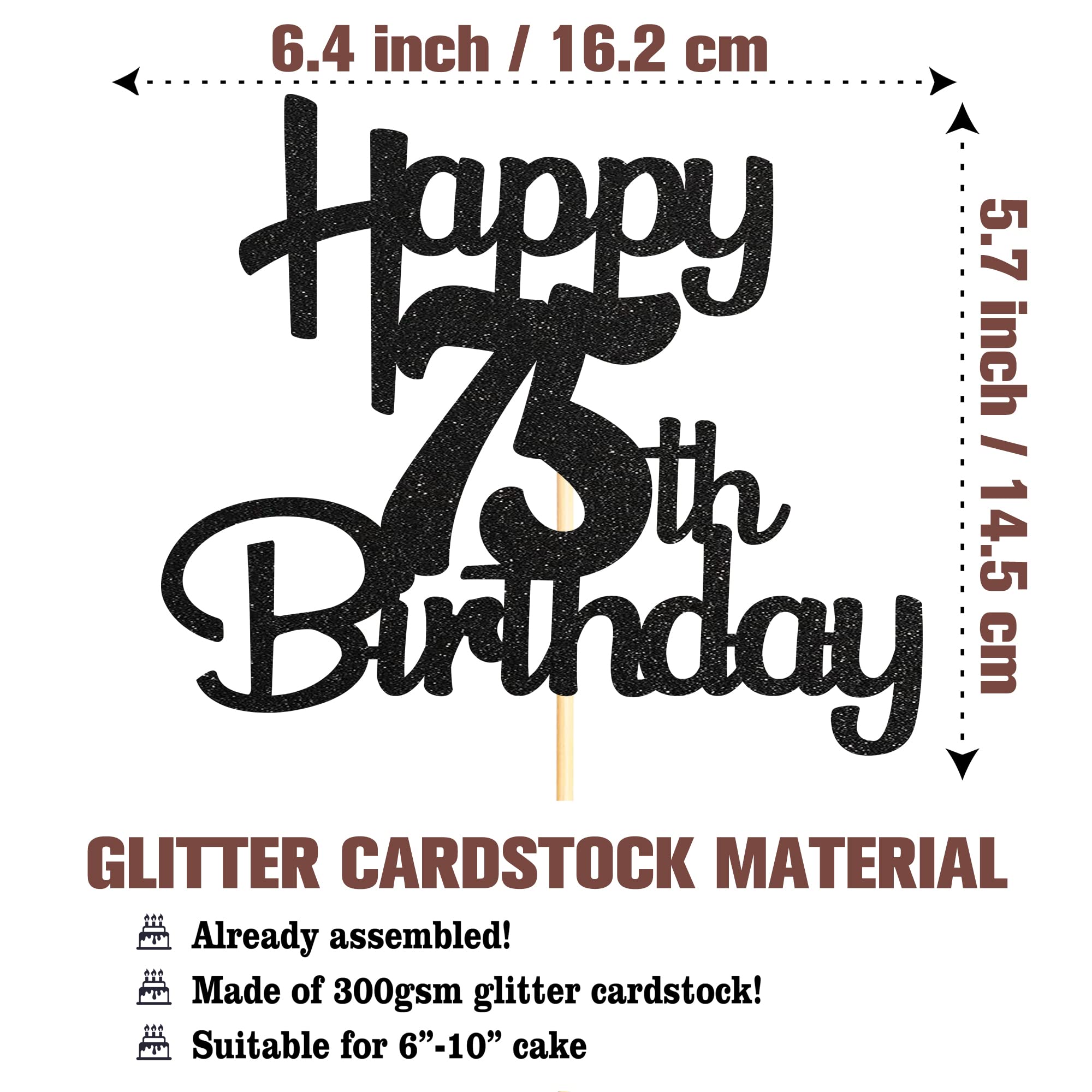 Black Glitter 75th Birthday Cake Topper - Cheers to 75 Fabulous Years - 1 Pack - Perfect for Milestone Birthday Cakes, Retirement Parties & Anniversary Celebrations