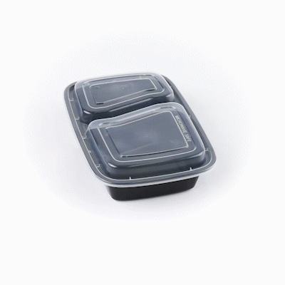 32 oz Black Plastic 2 Compartment Food Storage Containers with Clear Lids - Microwave Safe, 8.75