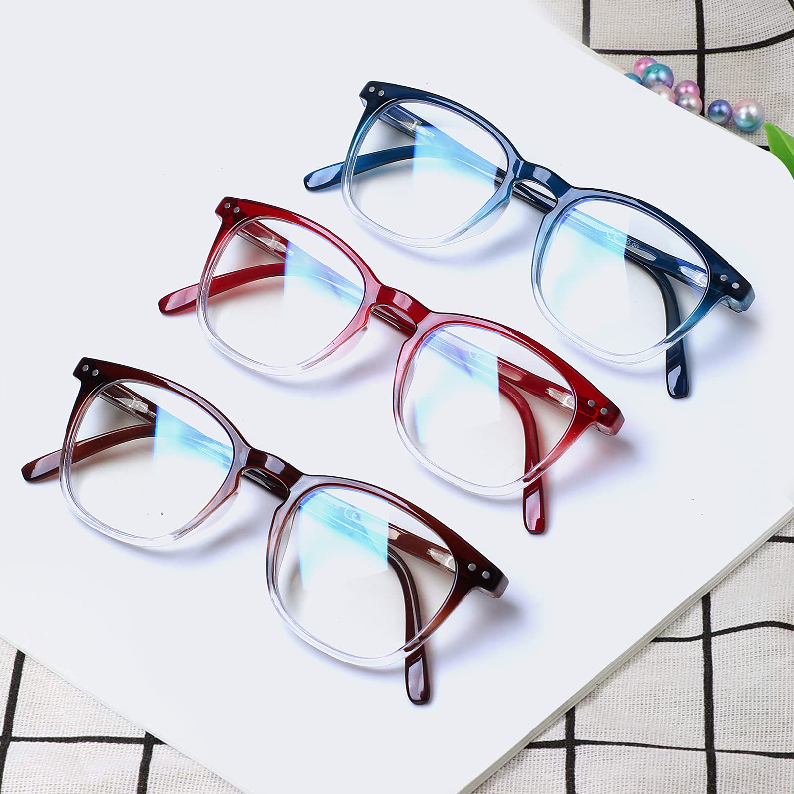 Henotin 3-Pack Blue Light Blocking Reading Glasses with Spring Hinge - Anti UV Computer Glasses for Men & Women (Multicolor, +0.75) - Reduce Eye Strain for Office Work, Gaming & Screen Time