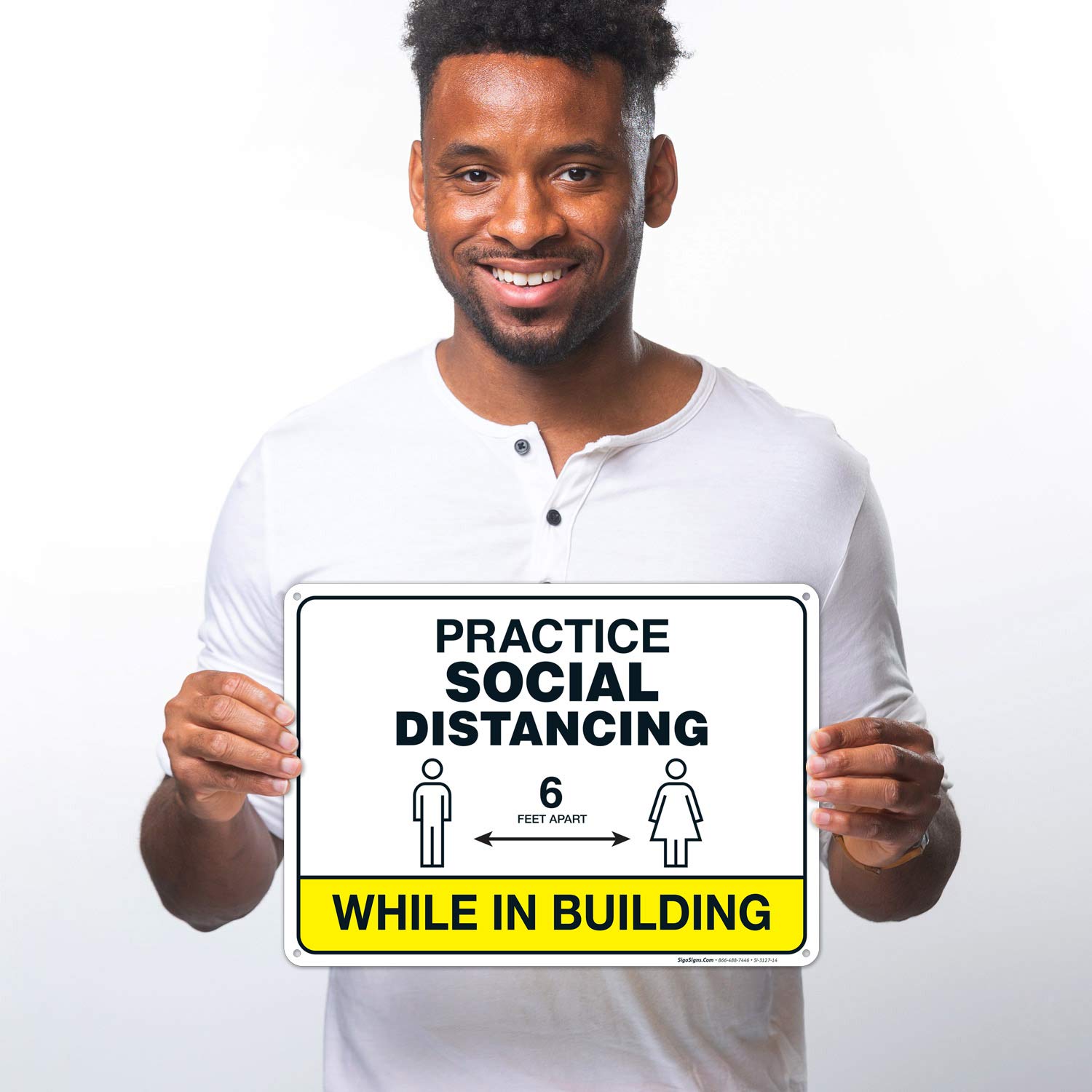 Social Distancing Sign - 10x14 Inches Rust-Free Aluminum, Fade Resistant - Easy Mount Indoor/Outdoor Safety Sign for Offices, Stores & Public Spaces - Made in USA
