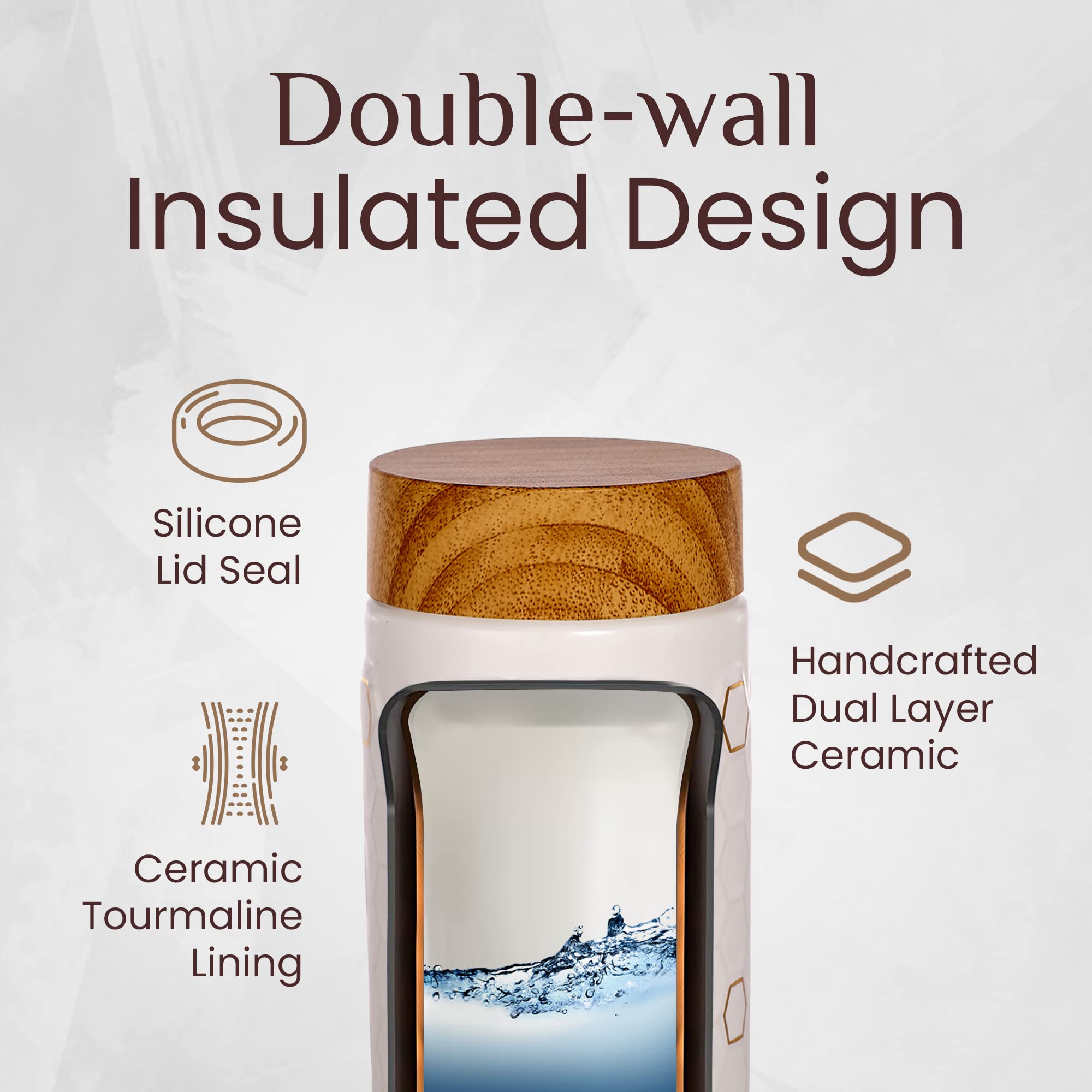 Acera Liven Honey Bee Travel Mug - 12.3oz Double Wall Ceramic Insulated Tumbler with Leak-Proof Lid, Thermal Coffee Tea Juice Cup for Office, Commuting & Outdoor Activities