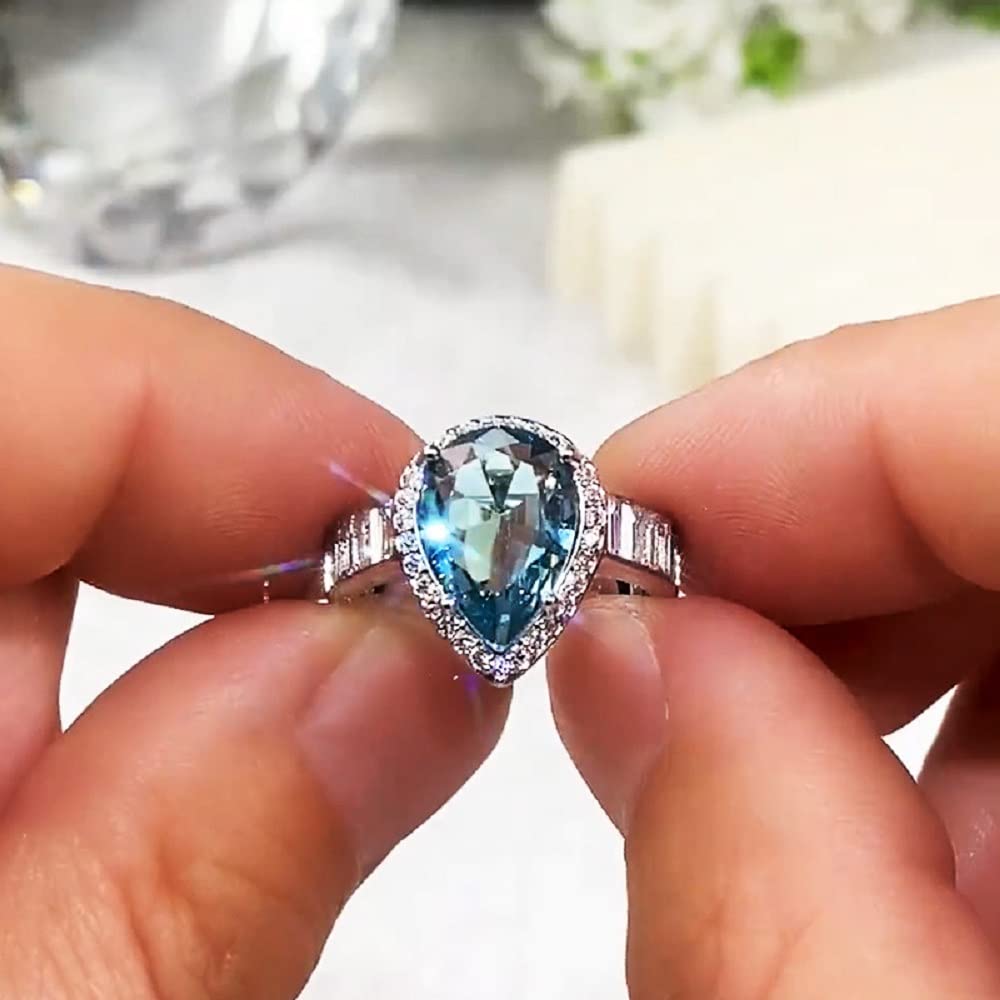 Elegant Waterdrop Pear Shape Cut Aquamarine Gemstone & Baguette CZ Zircon Promise Ring - Bridal Eternity Engagement Wedding Jewelry for Women - Perfect for Proposals, Anniversaries & Romantic Gifts