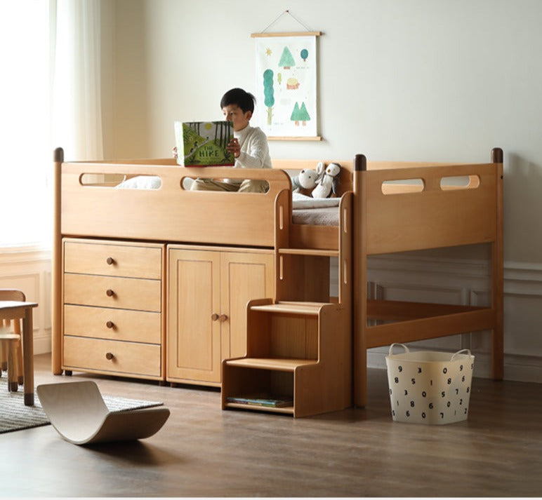 Solid Oak Wood Mid-High Bed with Slanted Ladder - Sturdy Adult Loft Bed for Small Spaces, Dorm Rooms & Modern Apartments