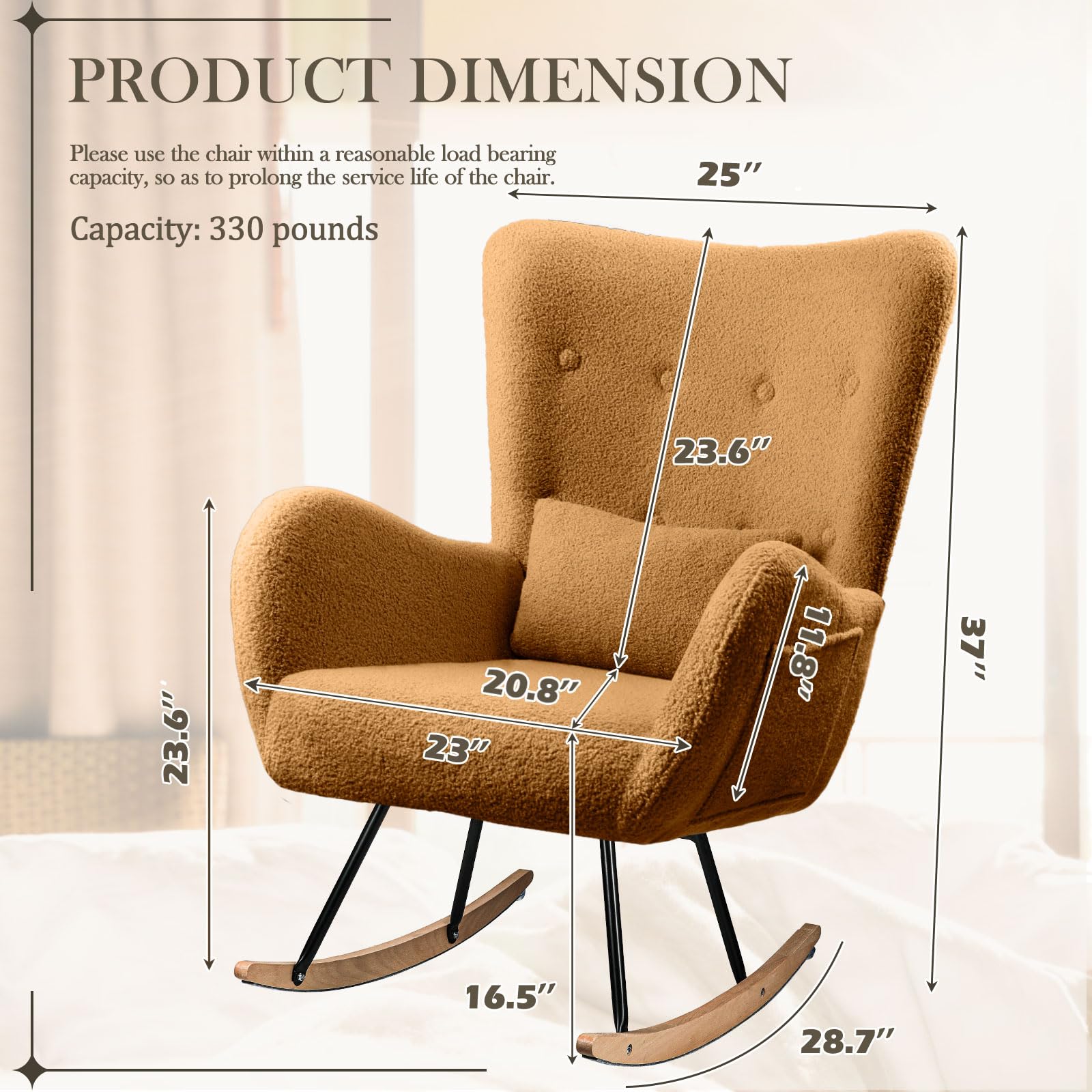 Waleaf Rocking Chair - Upholstered Nursery Rocker with High Backrest & Padded Seat, Comfortable Nursing Chair with Headrest for Bedroom, Living Room & Nursery | Perfect for Breastfeeding, Reading & Relaxing
