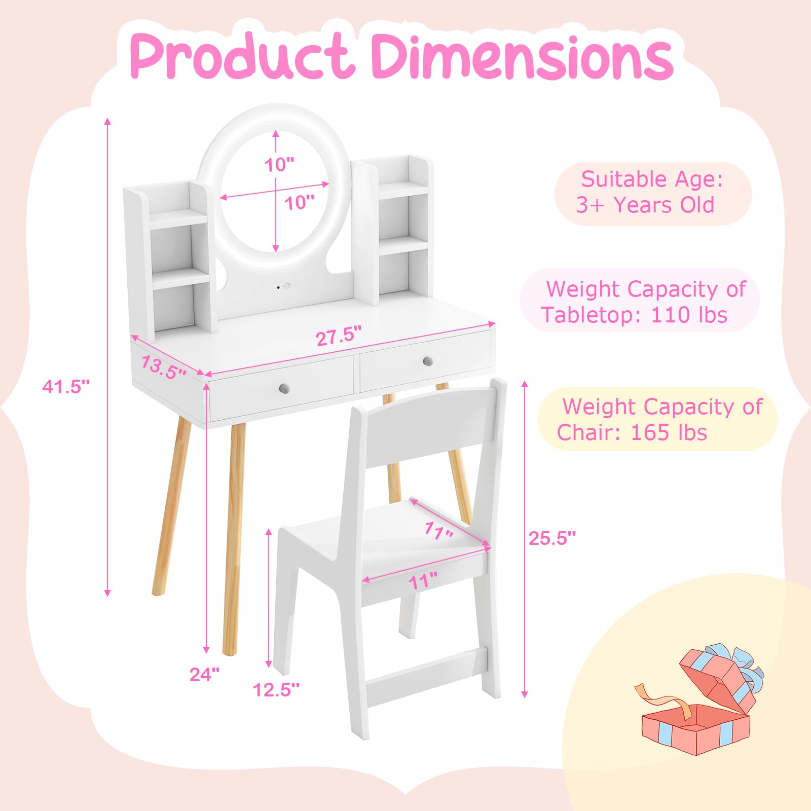 Costzon Kids Vanity Set with Mirror, Stool & LED Lights - Wooden Toddler Makeup Dressing Table with Storage Drawers & Shelves - Pretend Play Vanity Desk & Chair for Girls (White) - Perfect for Birthday Gifts, Bedroom Decor & Role Play Activities