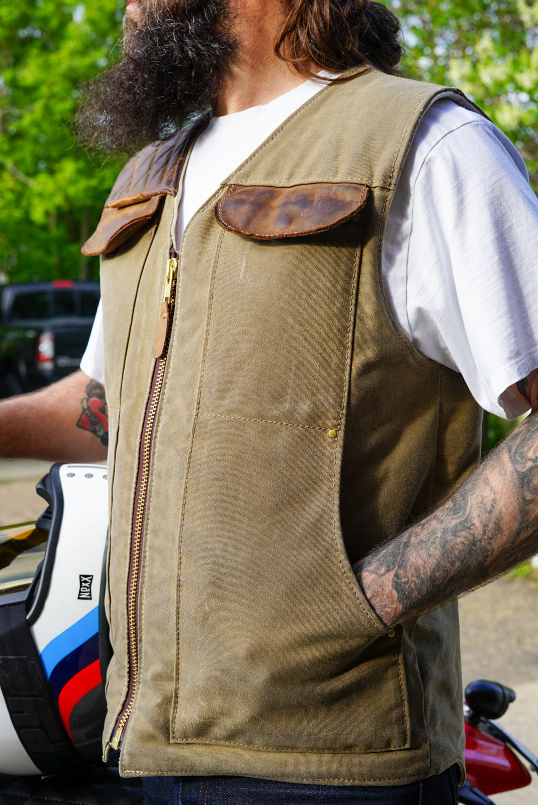 PREORDER: LIMITED EDITION FIELD TAN GREEN CANVAS & BROWN LEATHER VEST - Perfect for Outdoor Adventures & Casual Wear