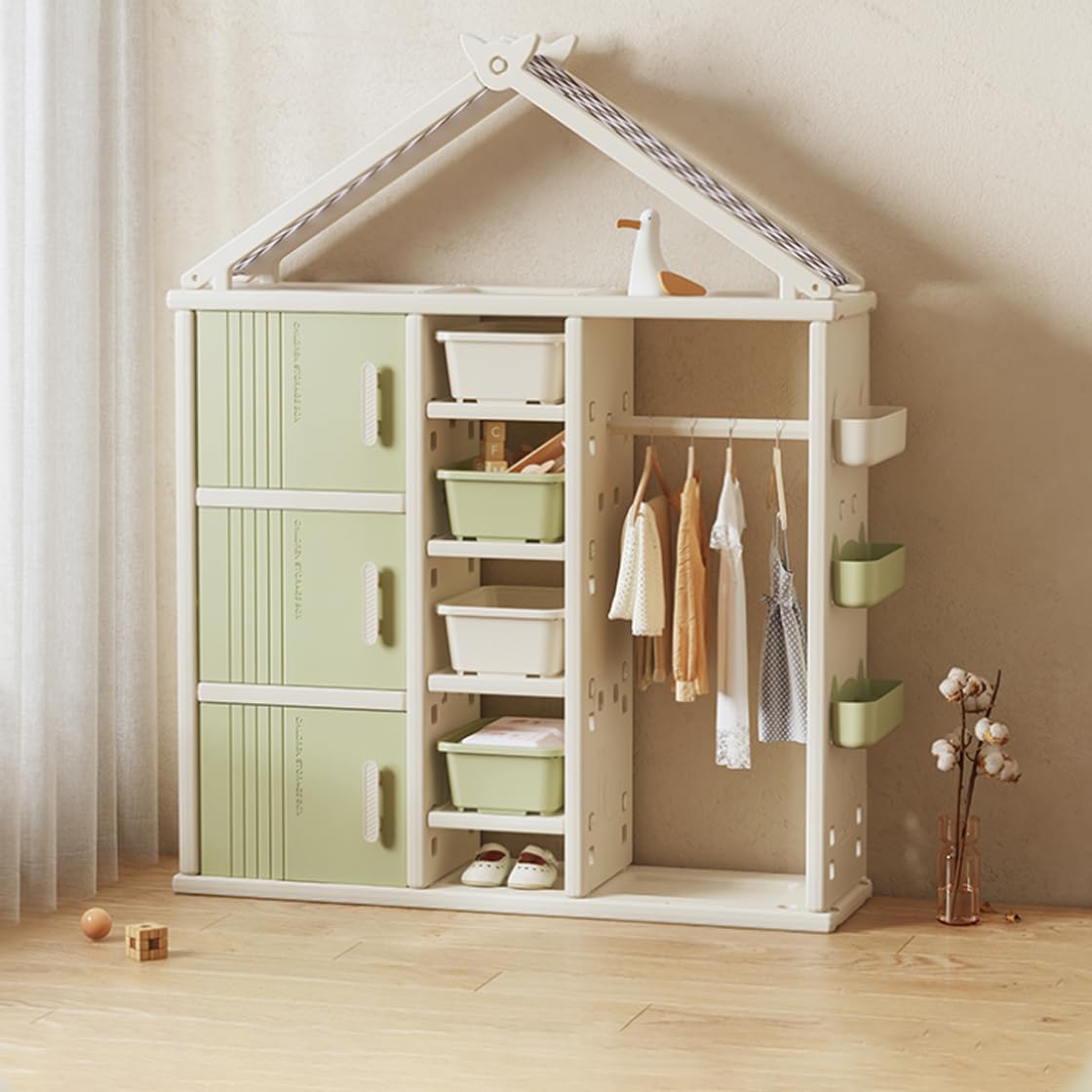 Kids Wardrobe with Hangers & Storage - Closet Organizer for Girls, Boys, Teens & Toddlers - Dress Up Storage & Armoire - Perfect for Bedroom, Playroom & Nursery Organization (Green)