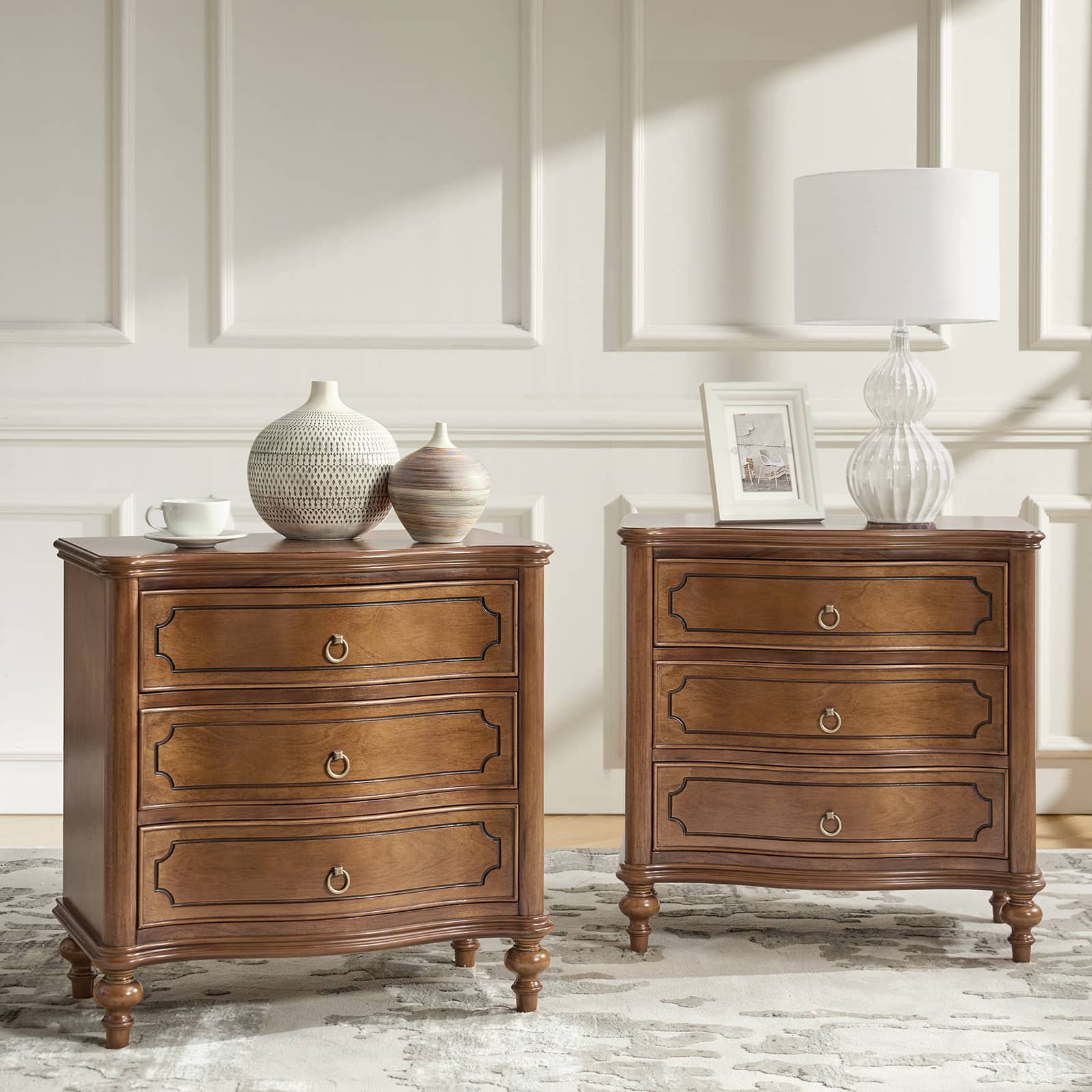 Bernhard 3 Drawer Traditional Nightstand with USB Outlets - Solid Wood Bedside Table for Bedroom, Living Room & Office - Charging Station & Storage Cabinet