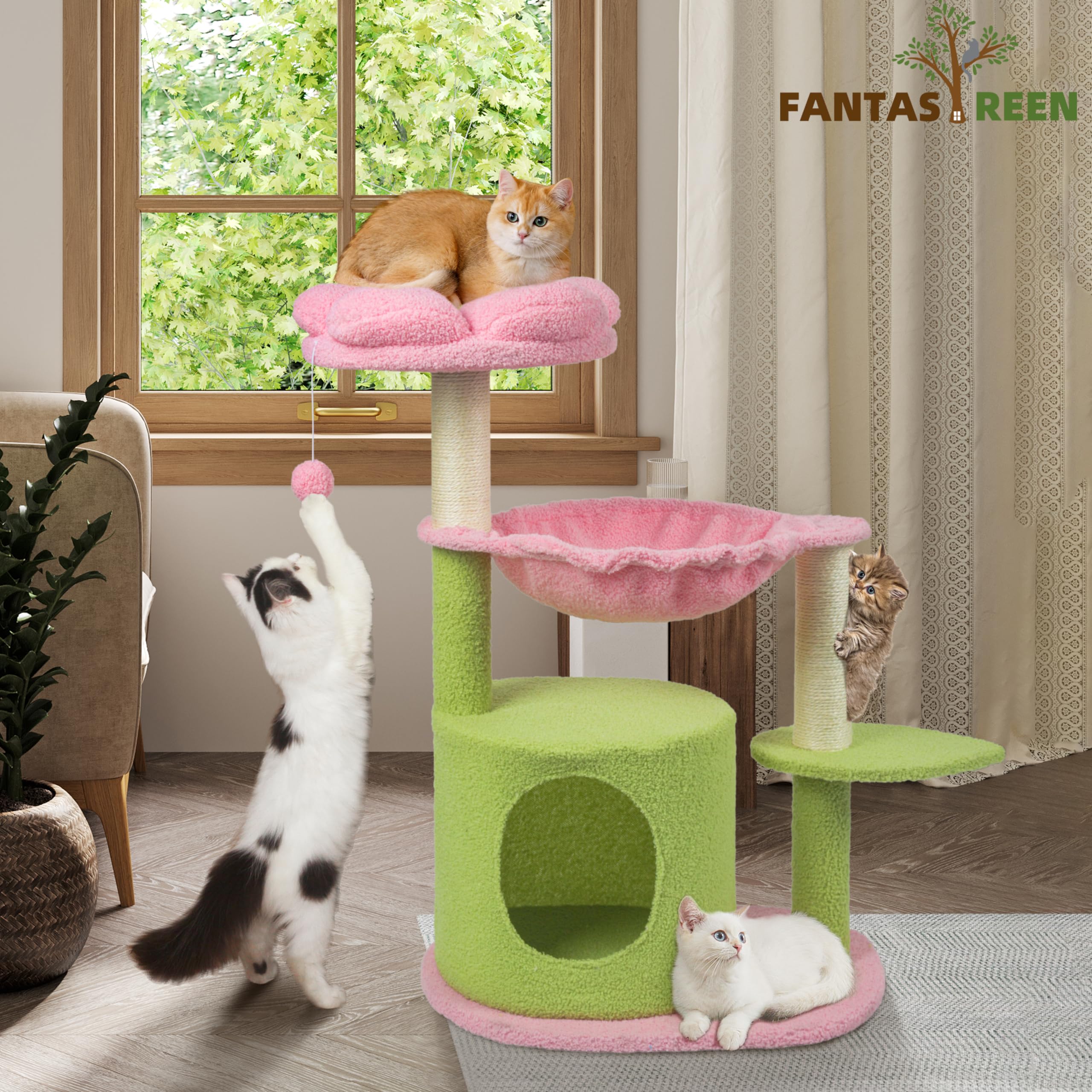 **33'' Pink Cat Tree with Hanging Toys & Flower Design - Sturdy Indoor Cat Condo for Kittens & Adult Cats - Perfect for Small Spaces & Playtime**