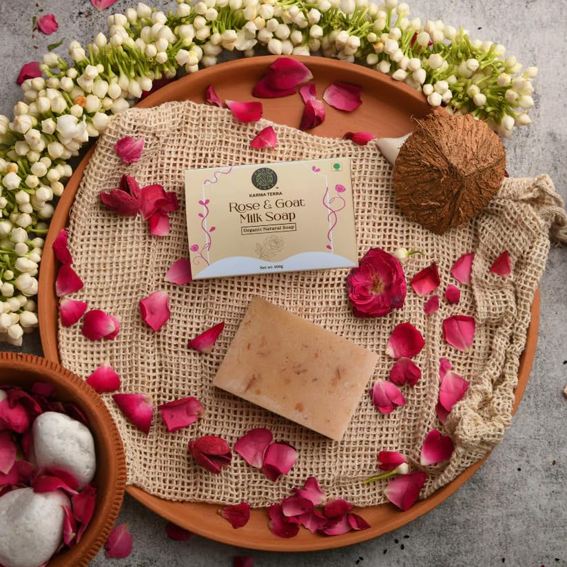 KARMA TERRA Goat Milk & Real Rose Petals Luxury Bath Soap - 100g Deeply Nourishing & Moisturizing for Soft Skin | Perfect for Spa Day, Gift Sets & Sensitive Skin Care