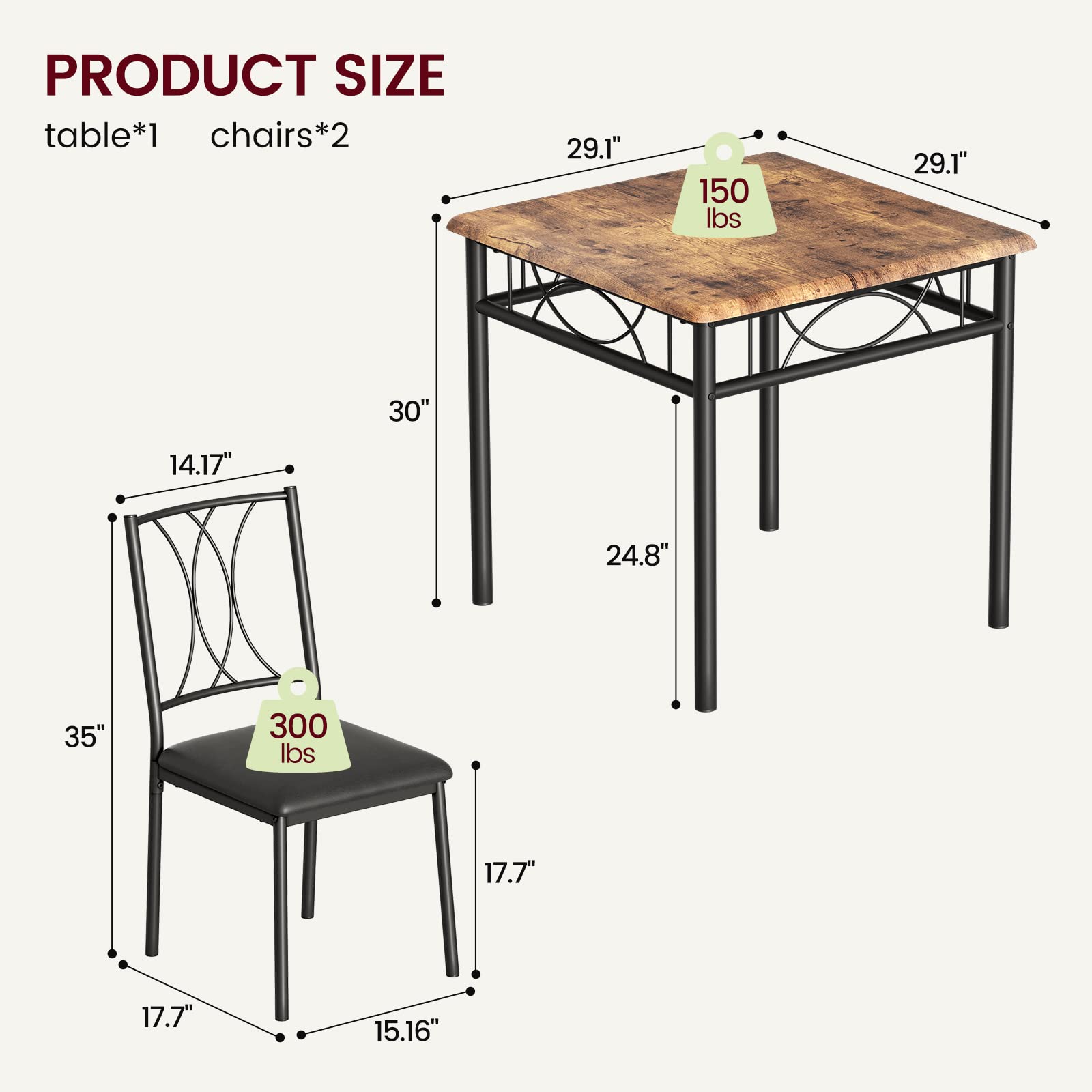 IDEALHOUSE 2-Person Square Dining Table Set with Upholstered Chairs - Compact Kitchen Table & Chairs for Small Spaces, Apartments - Retro Brown Finish for Cozy Dinners & Breakfast Nook