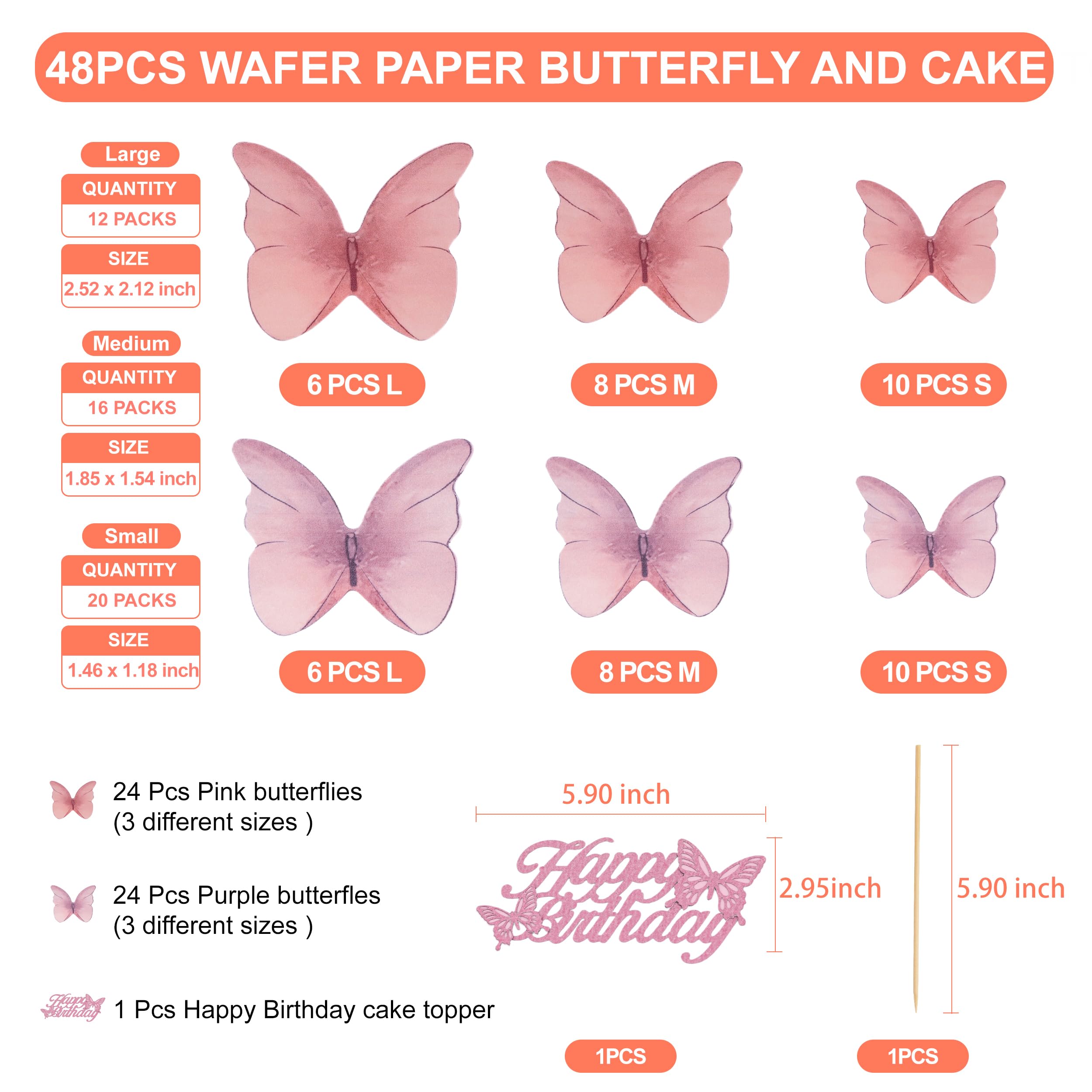 48 Pcs Edible Butterflies for Cake Decorations - 3D Wafer Paper Butterfly Cupcake Toppers, Happy Birthday Cake Topper for Party, Wedding & Baby Shower (Pink & Purple) - Perfect for Birthday Cakes, Cupcakes, Desserts & Special Occasions