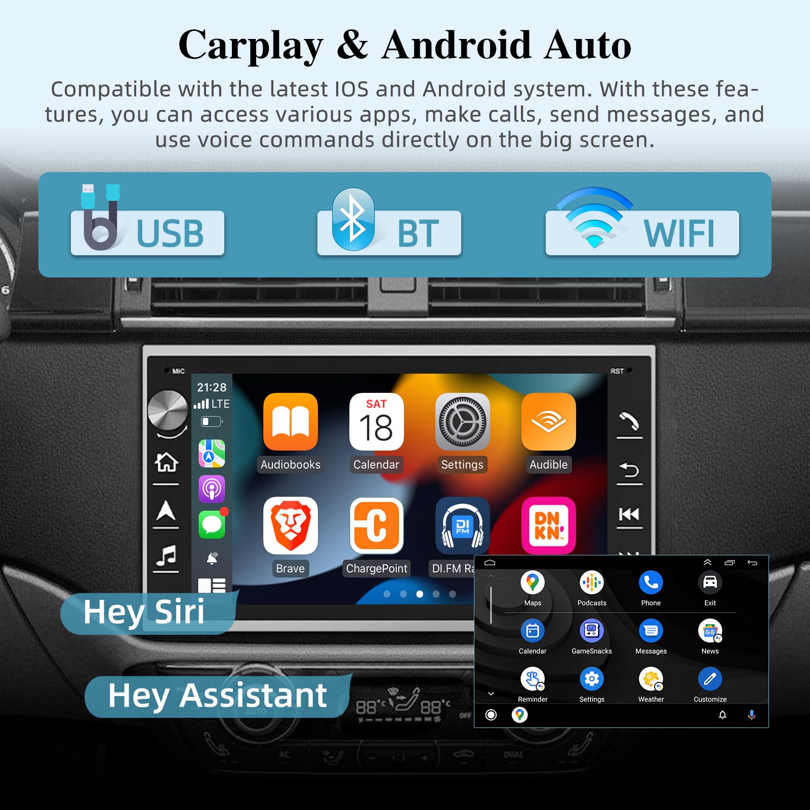 NHOPEEW 2+64GB Android Car Stereo for VW Bora Polo Passat MK5 Golf Transporte - 7 Inch 2.5D HD Touchscreen with CarPlay & Android Auto - WiFi GPS Bluetooth - Backup Camera & Mic Included - Perfect for Commuting & Road Trips