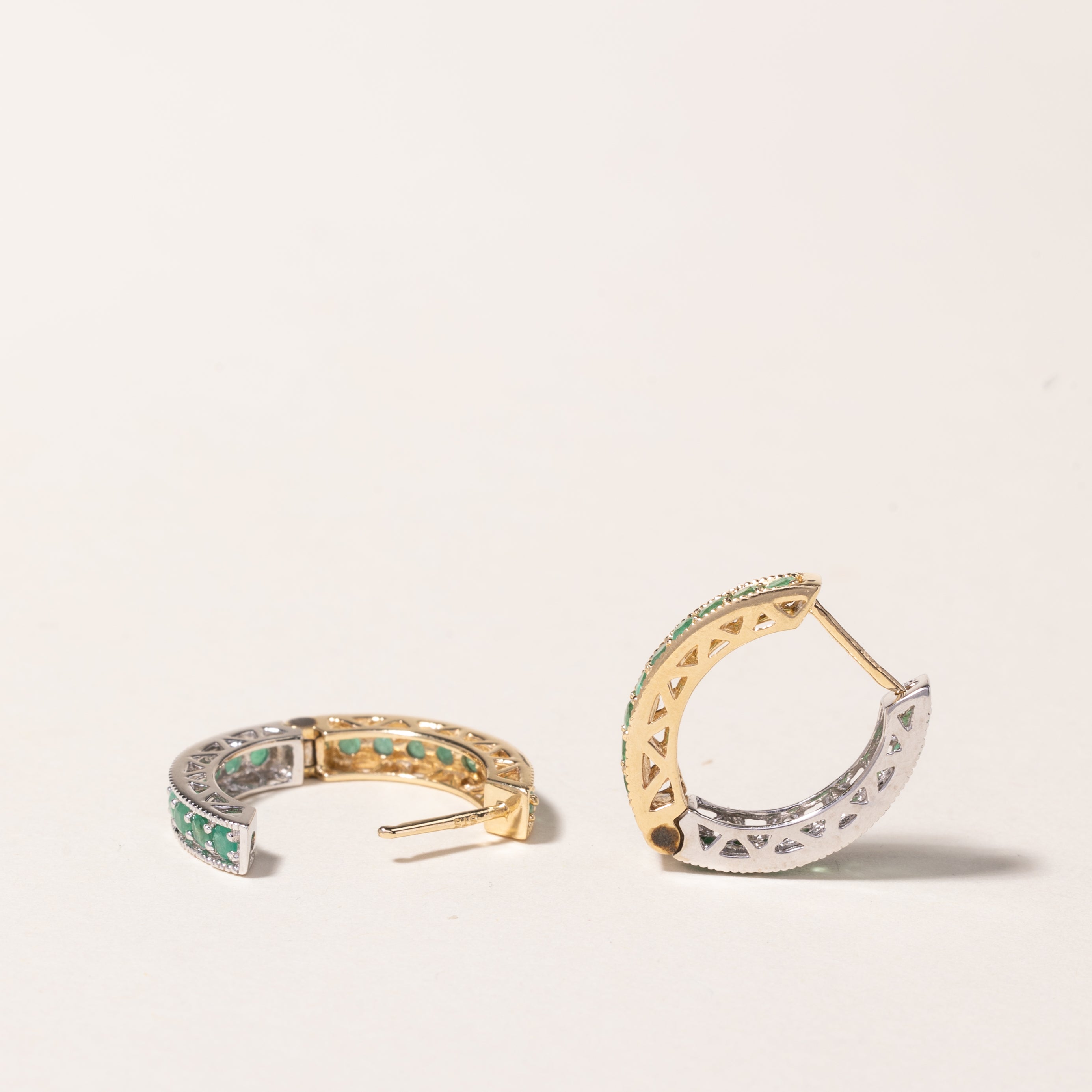 14K Two Tone Gold Emerald Hoop Earrings | 1.08ctw Genuine Emerald | Dainty Gold Hoops for Women | Perfect for Weddings, Parties & Everyday Wear